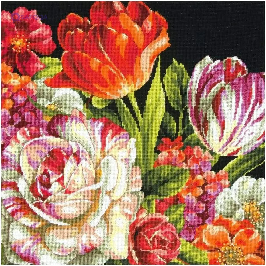 Wilton Dimensions Needlepoint Kit – Bouquet on Black Floral Pattern, 14'' - Safqqa