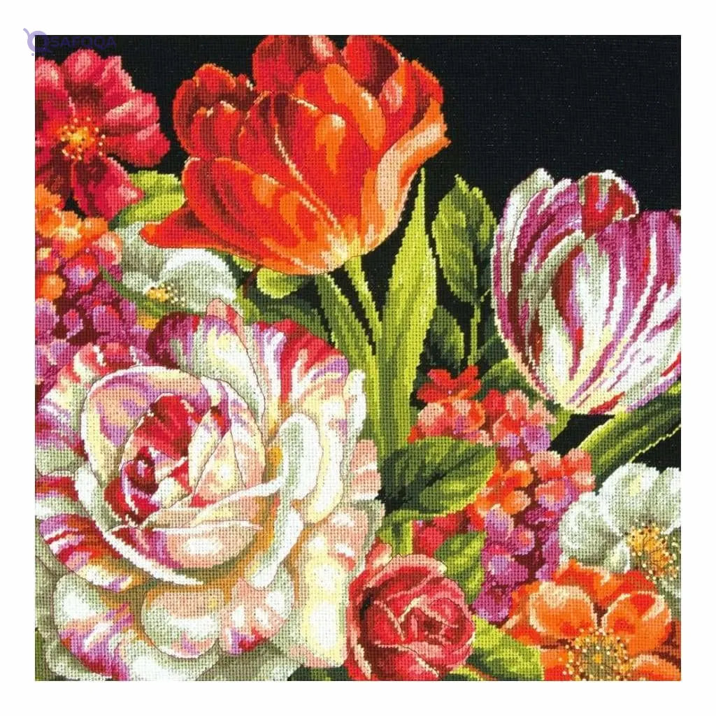 Wilton Dimensions Needlepoint Kit – Bouquet on Black Floral Pattern, 14'' - Safqqa