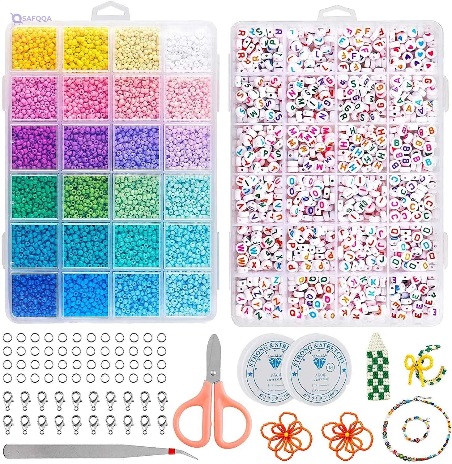 Tiokkss 12,000 Pcs Glass Seed Beads & 1,200 Pcs Alphabet Letter Beads Set – DIY Jewelry Making Kit - Safqqa