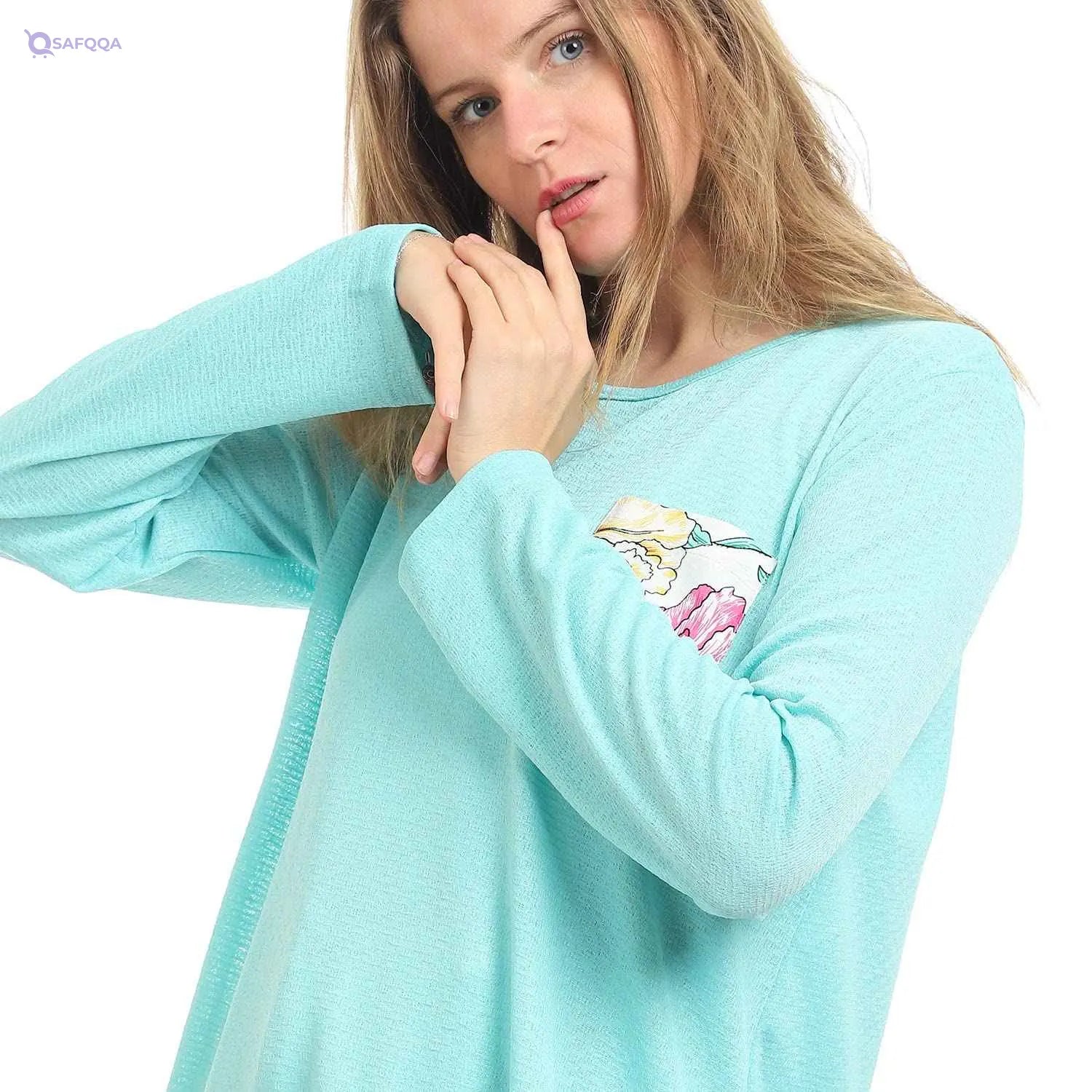 Kady Women crew Neck Solid Tunic Top With Floral Trim - Safqqa Egypt
