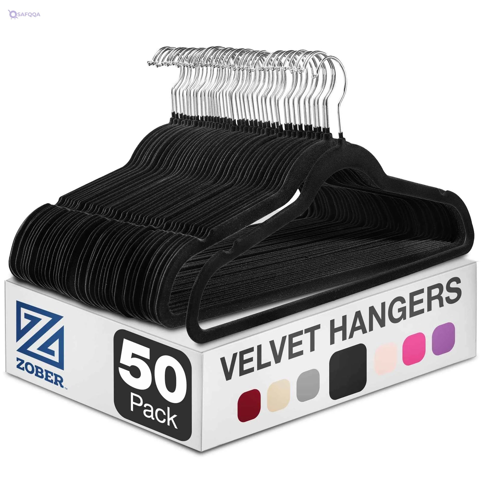 Zober Velvet Hangers 50 Pack - Black for Coats, Pants & Dress Clothes - Non Slip w/ 360 Degree Swivel, Holds up to 10 lbs - Strong Felt Hangers for Clothing - Safqqa