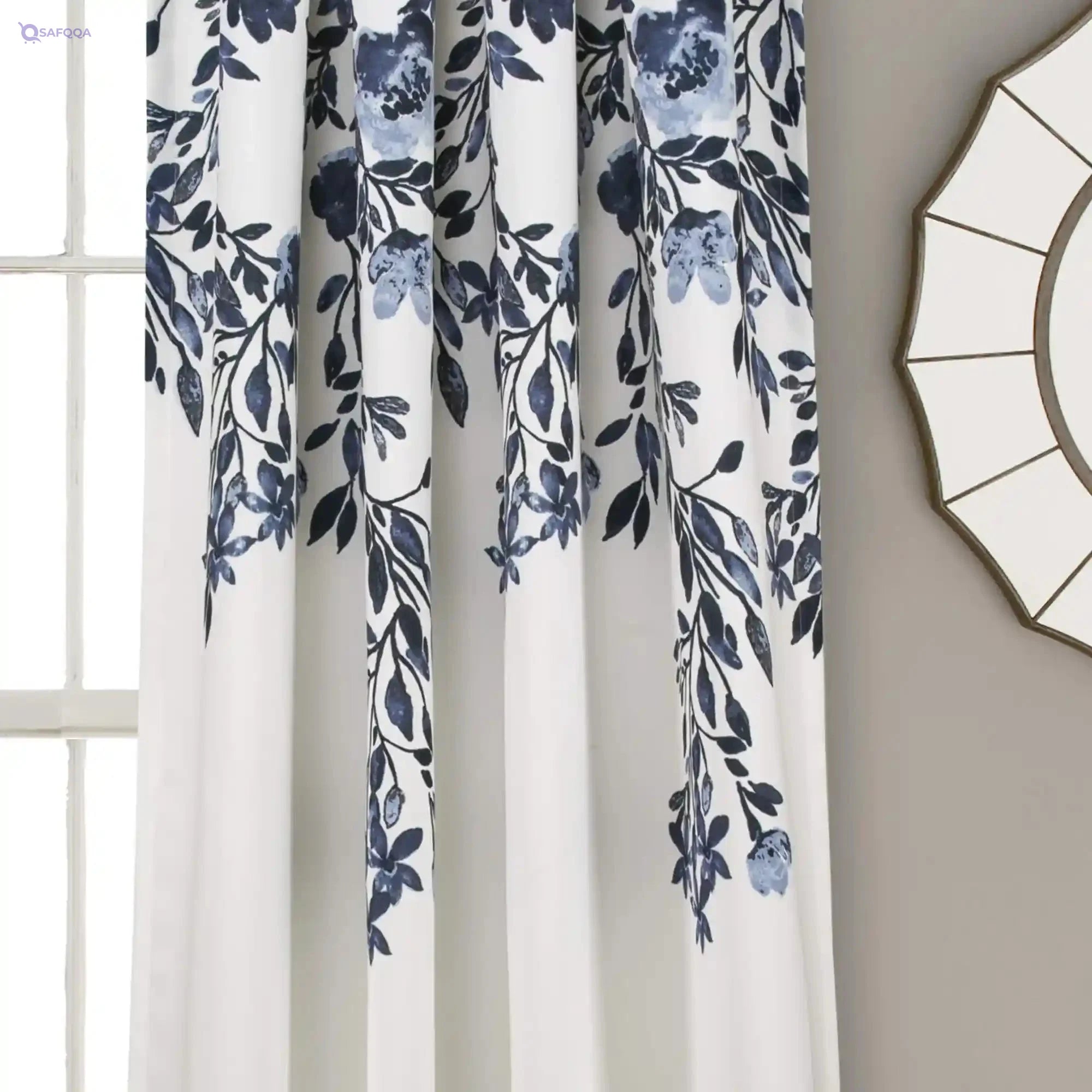 Lush Decor Navy and White Tanisha Curtains Room Darkening Floral Vine Print Design Window Panel Set (Pair), 95" x 52" - Safqqa