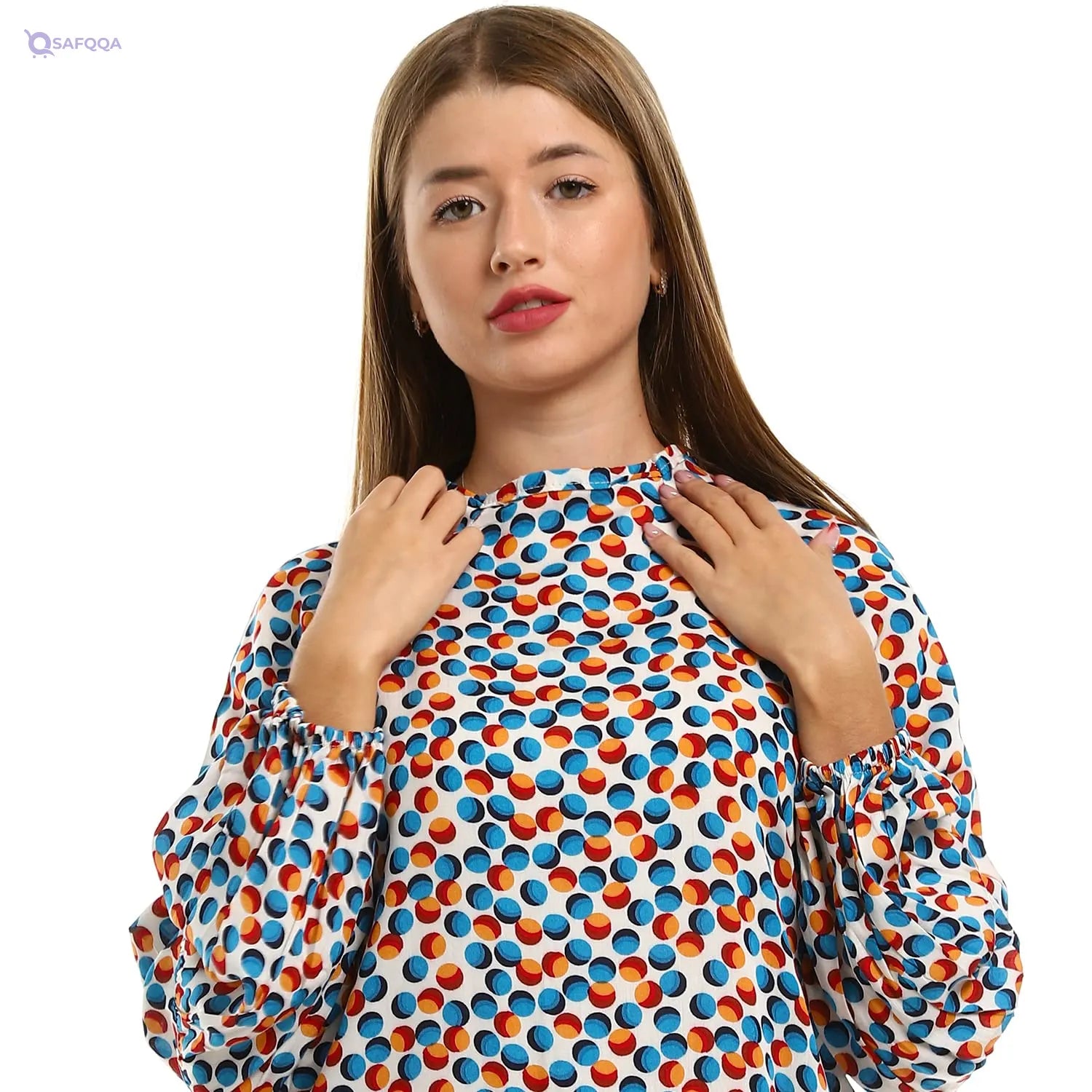 Andora Balloon Sleeves Dotted Blouse For Women,Classic round neckline for versatile styling. - Safqqa