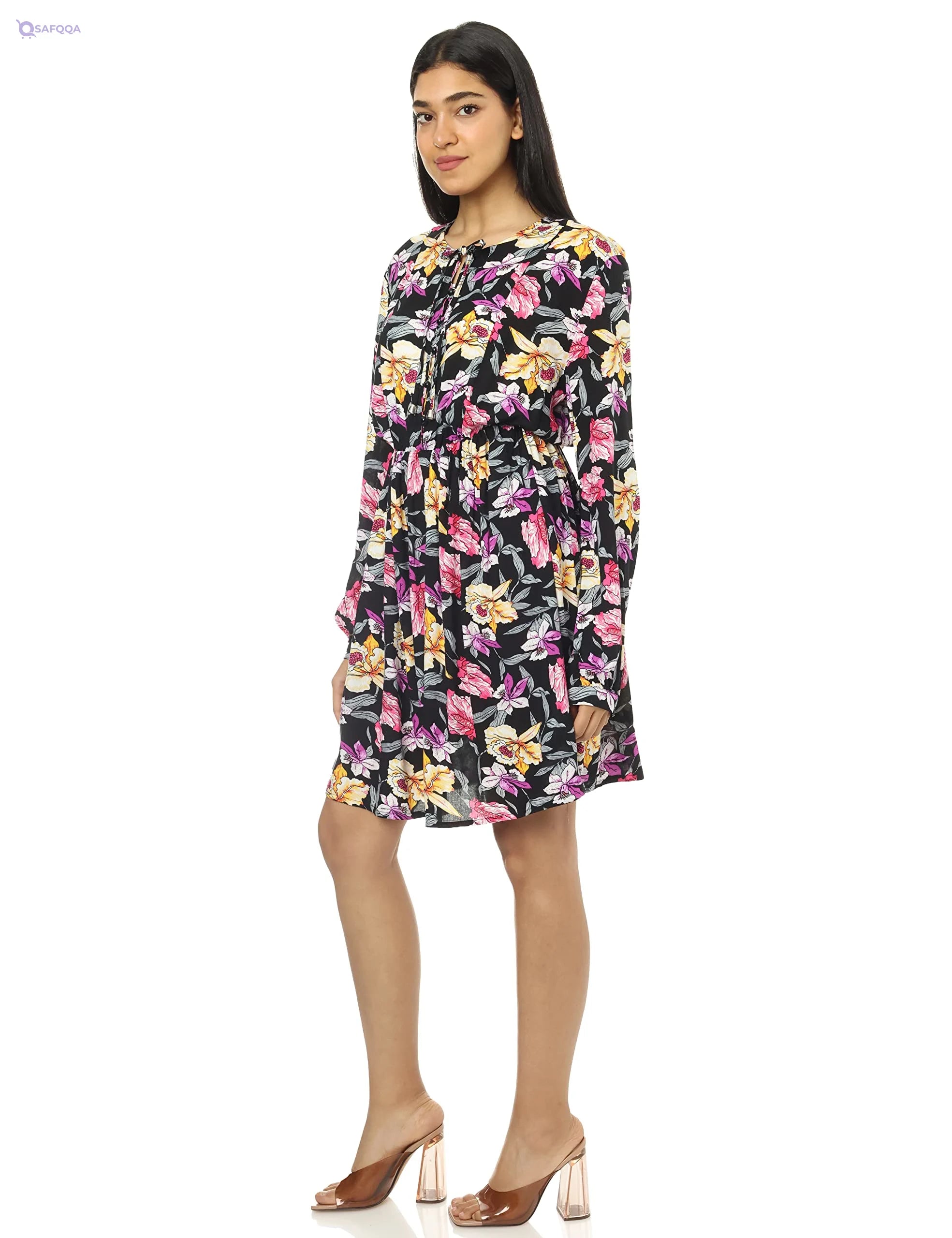 JAMILA Women Buttoned Neck With Lace Up Floral Short Dress DRESS - Safqqa