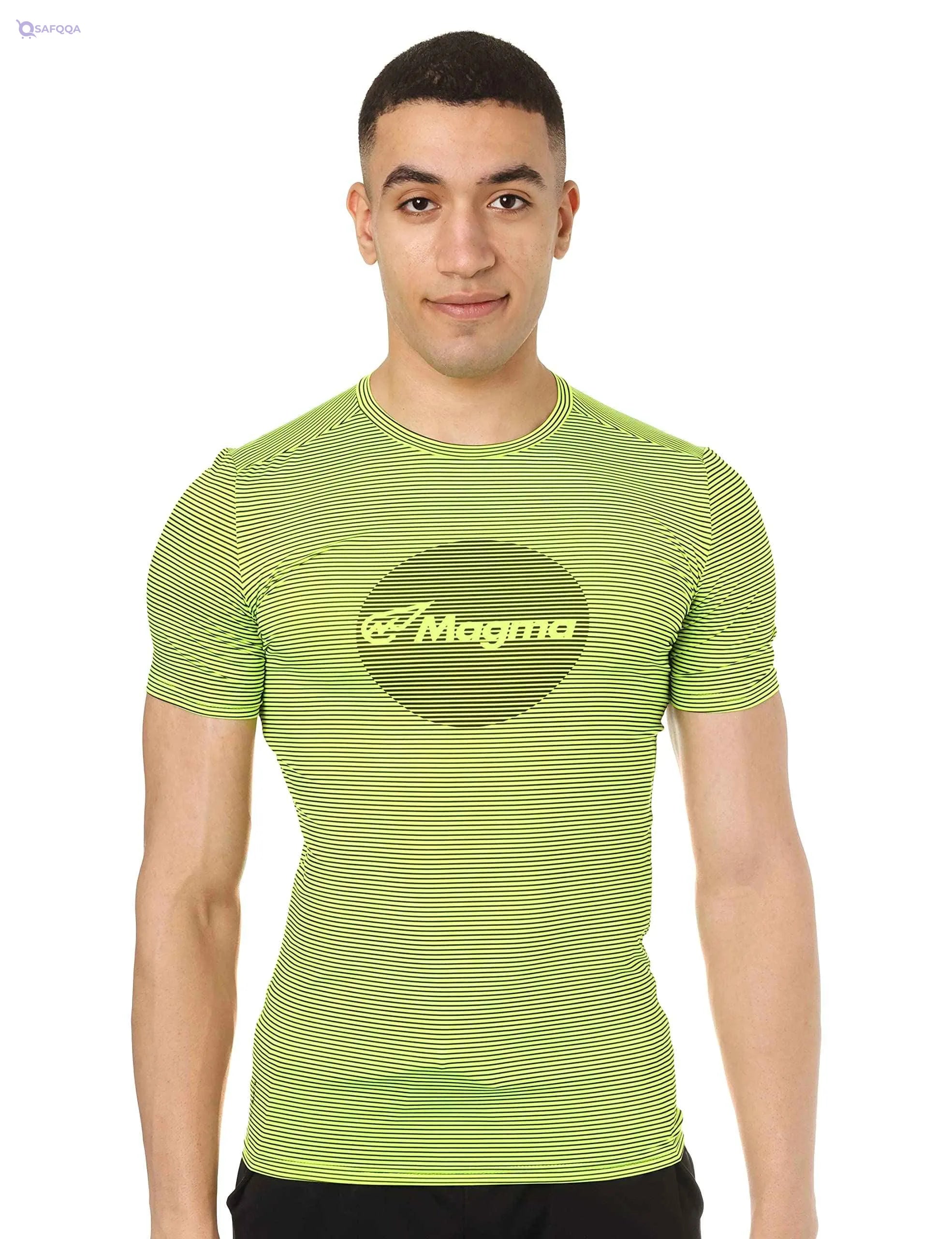 Magma Striped Front Logo Round Neck Slim-Fit Sports T-Shirt for Men - Safqqa Egypt