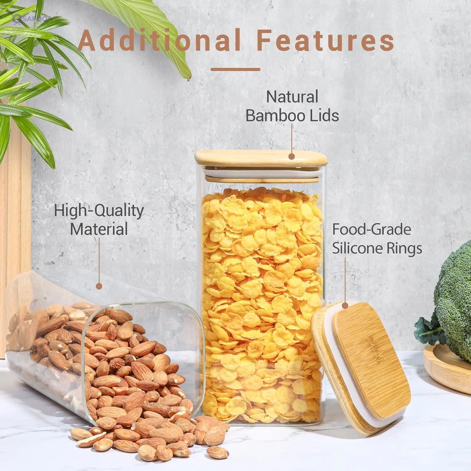SKY-TOUCH 1 pack 1500ml Glass Food Storage Containers with Bamboo Lid,Clear Square Kitchen Container Sets, Stackable Glass Pantry Food Canisters for kitchen Counter, Candy, Cookie, Rice, Cereal - Safqqa