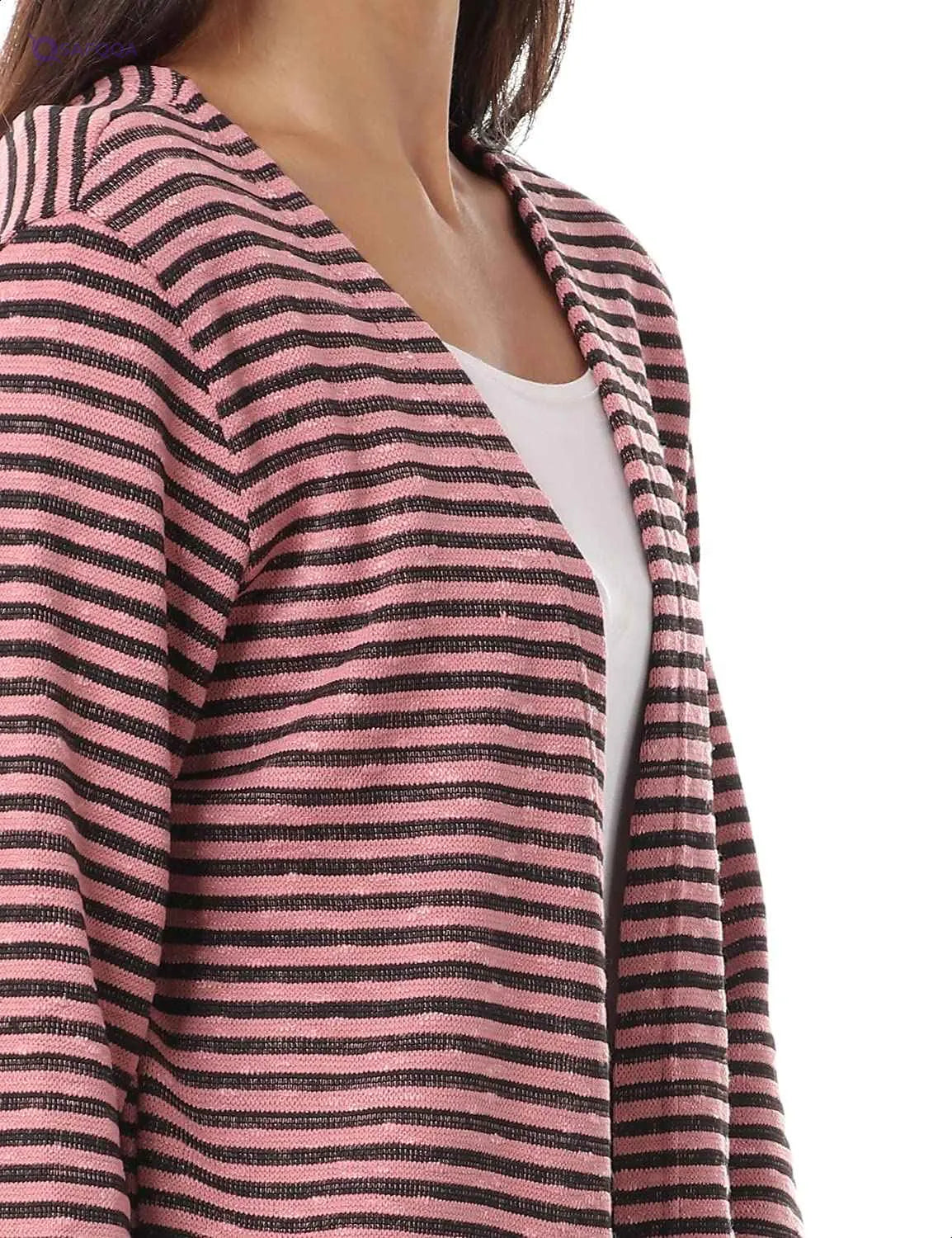 Jamila Women Hairline Stripes Front Pockets Long Sleeves Open Cotton Cardigan - Safqqa Egypt
