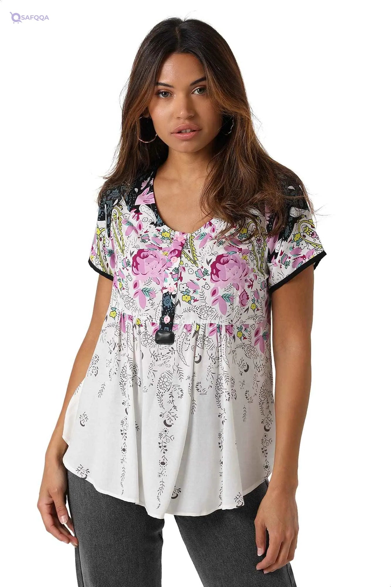 Jamila Floral Pattern Front Buttons Loose-Fit Blouse For Women M - Safqqa Egypt