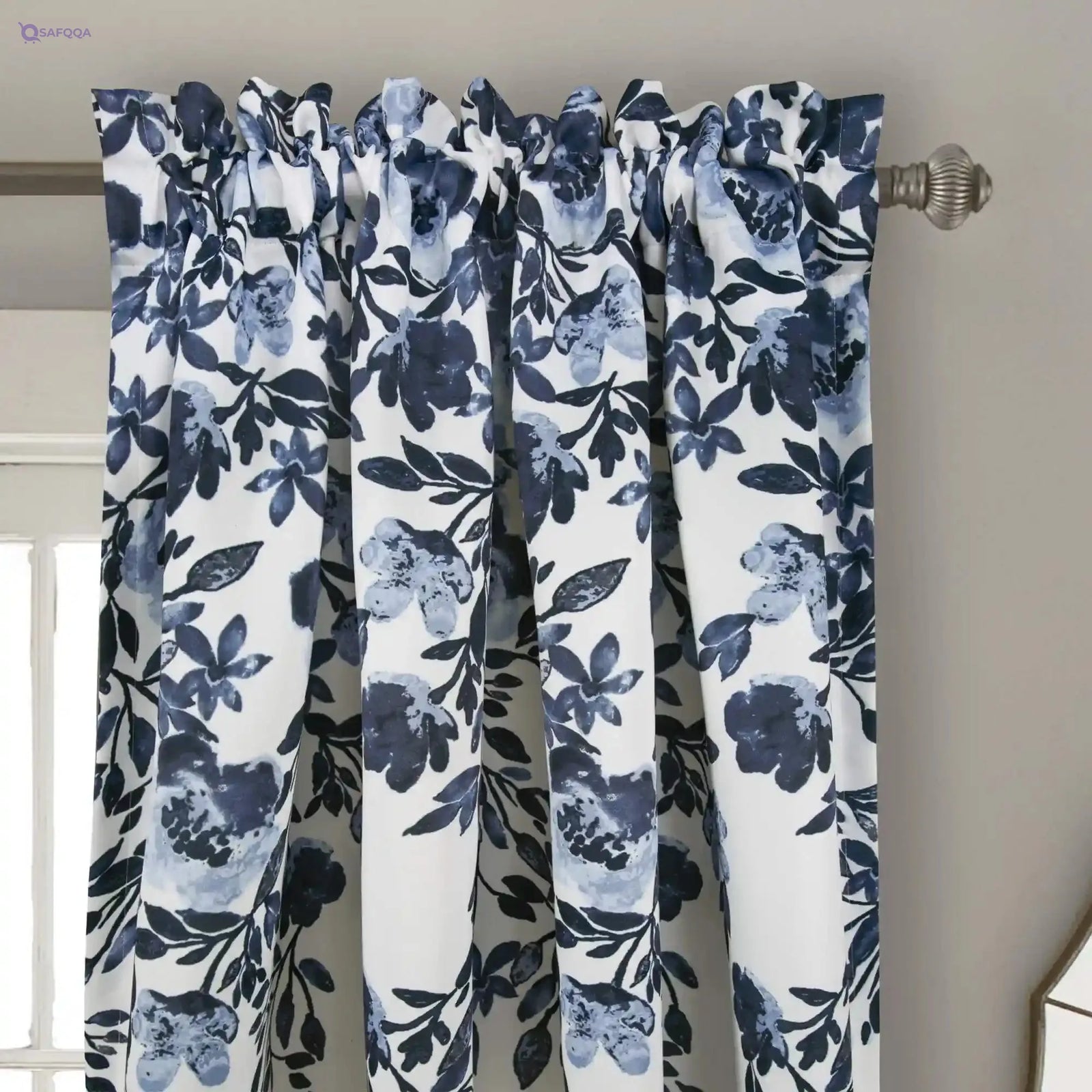 Lush Decor Navy and White Tanisha Curtains Room Darkening Floral Vine Print Design Window Panel Set (Pair), 95