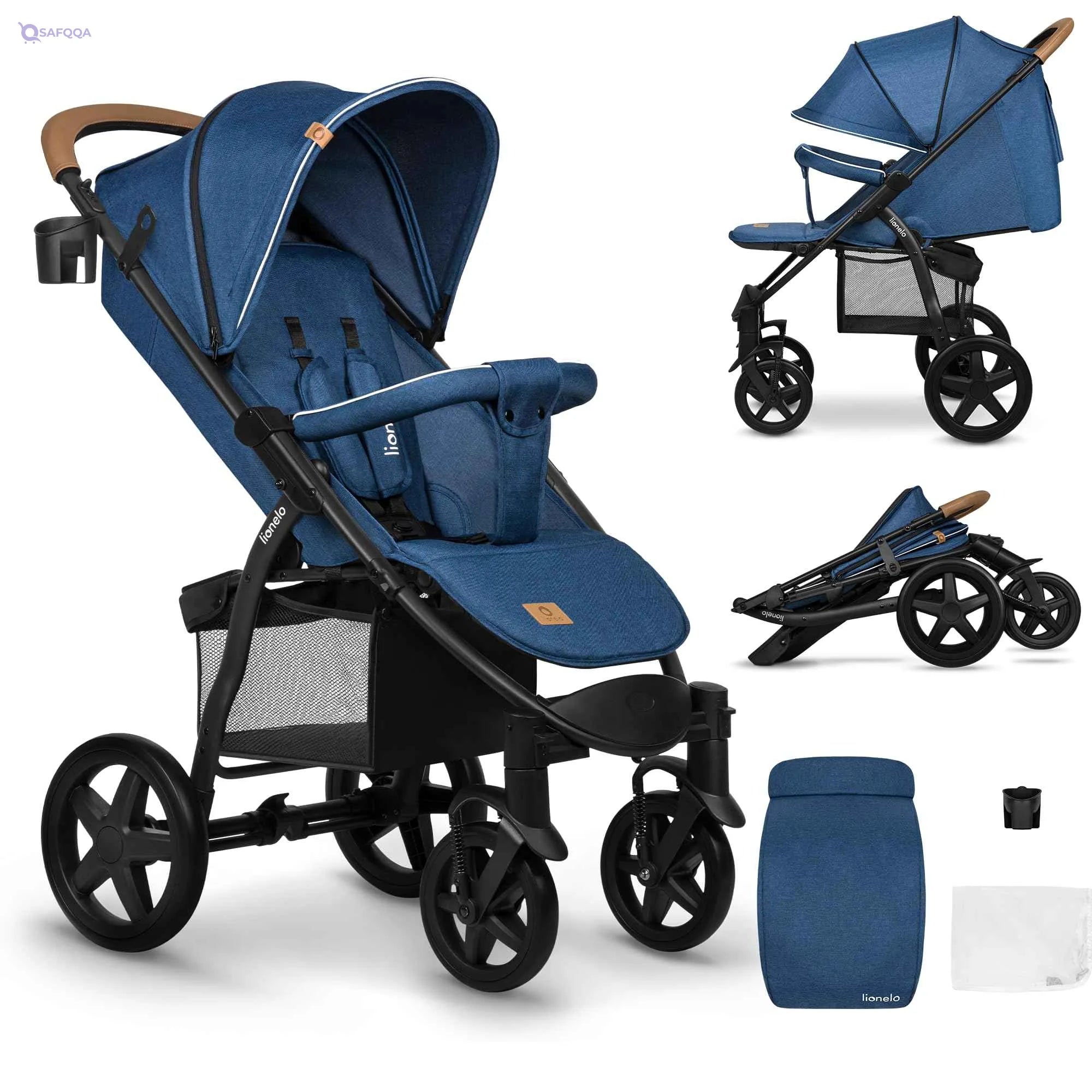 Lionelo Baby Stroller 22 kg, Canopy with Window, EVA Wheels, Mosquito Net Cup Holder Footmuff and Backrest Adjustment to Reclining Position (Blue-Brown) - Safqqa
