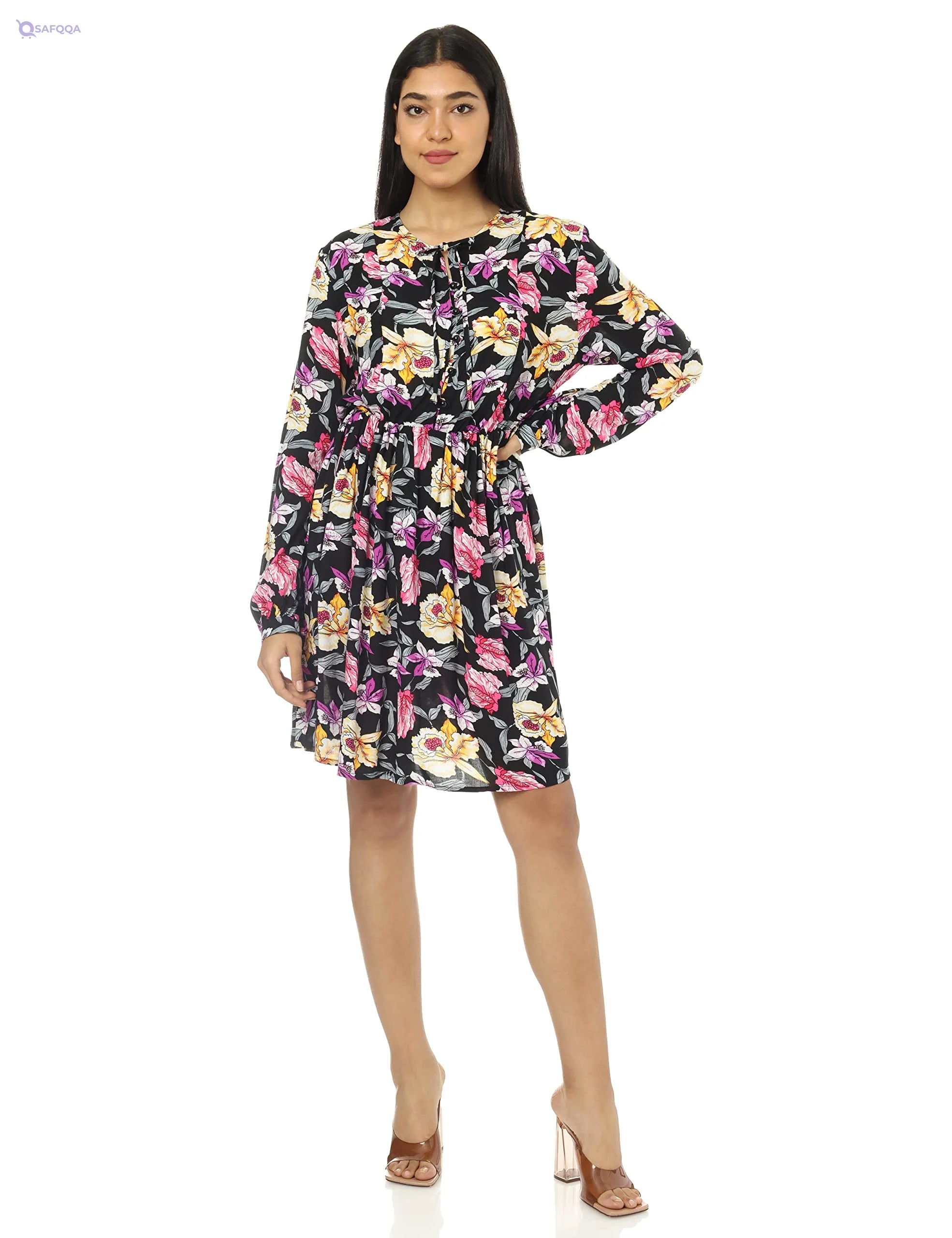 JAMILA Women Buttoned Neck With Lace Up Floral Short Dress DRESS - Safqqa