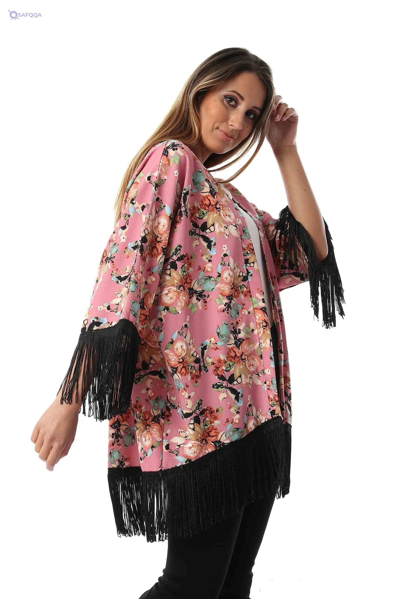 Jamila Women Floral Patterned Contrast Fringes Cotton Kimono - Safqqa Egypt