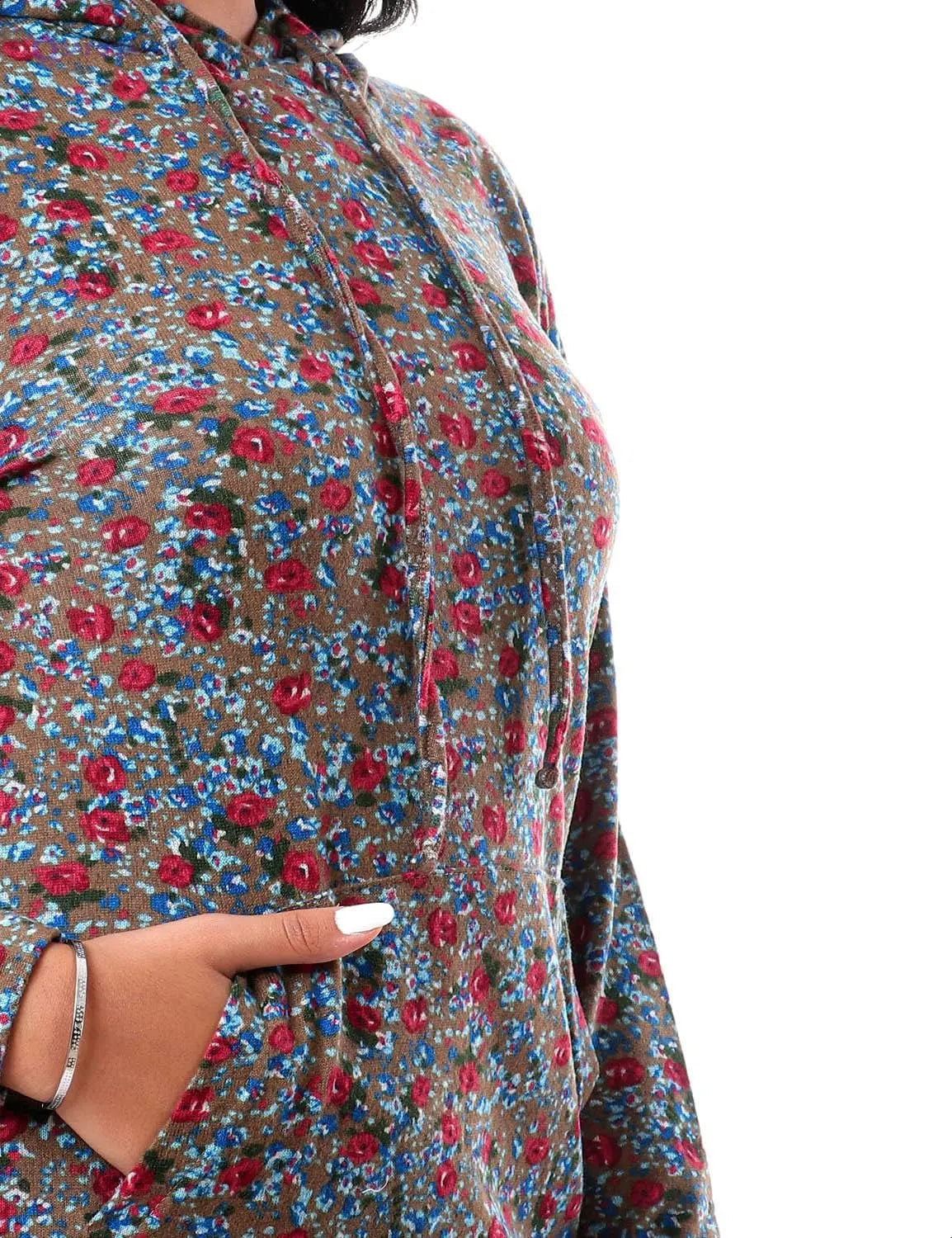 Jamila Women's Cotton Floral Pattern Kangaroo Pocket Longline Hoodie - Safqqa