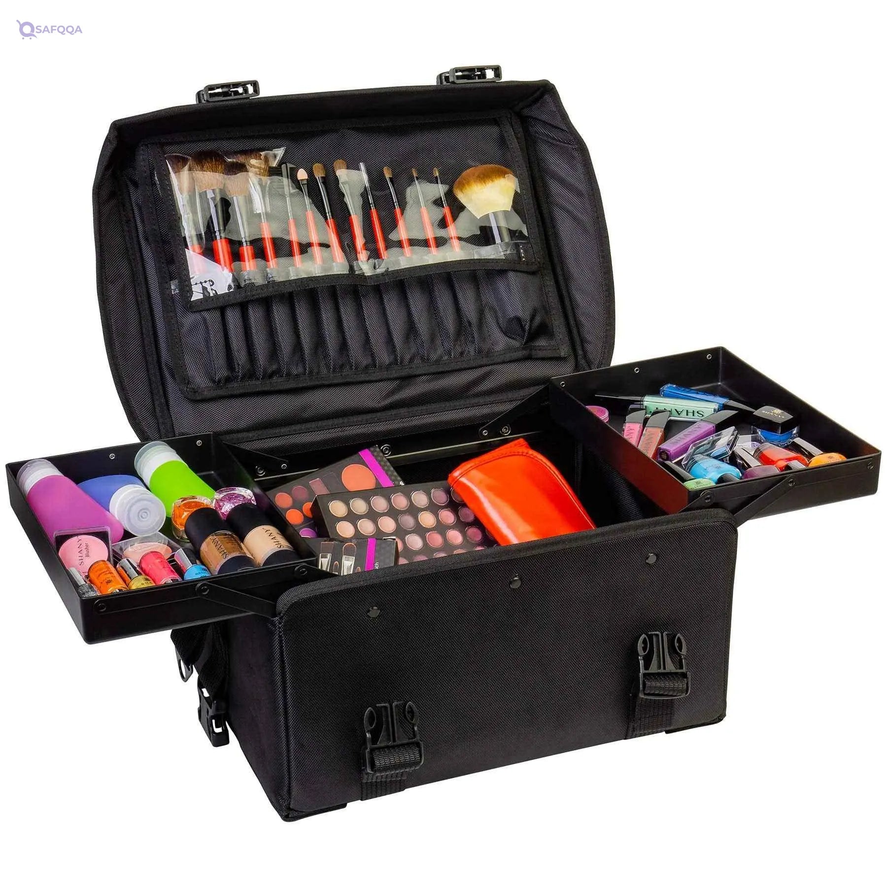 Shany Soft MakEUp Artist Rolling Trolley Cosmetic Case With Free Set Of Mesh Bags - Jet Black-Open Box - Safqqa