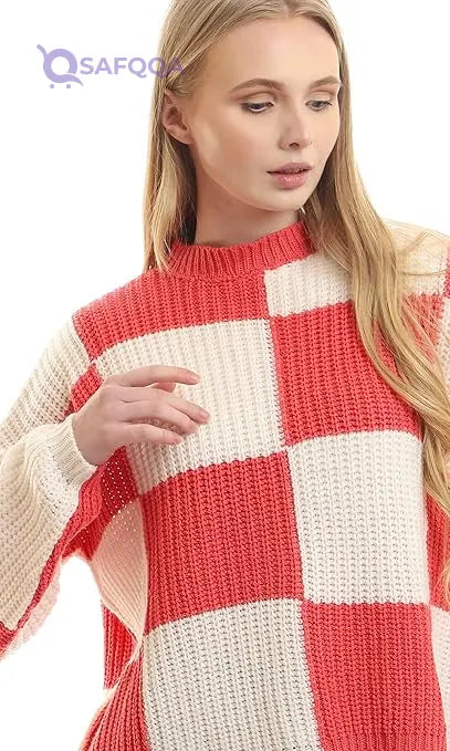 Ravin Women's Bi-Tone Knitted Mock Neck Pullover - Off White & Coral (96991) - Safqqa