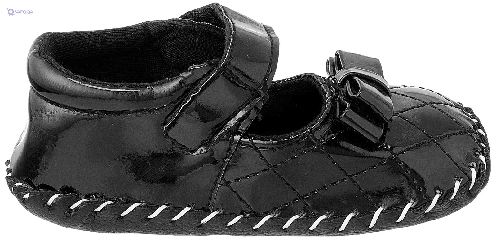 Mix & Max Quilted Patent Faux Leather Velcro-Strap Bow-Detail Shoes for Girls - Black, 12 - 18 Months - Safqqa Egypt