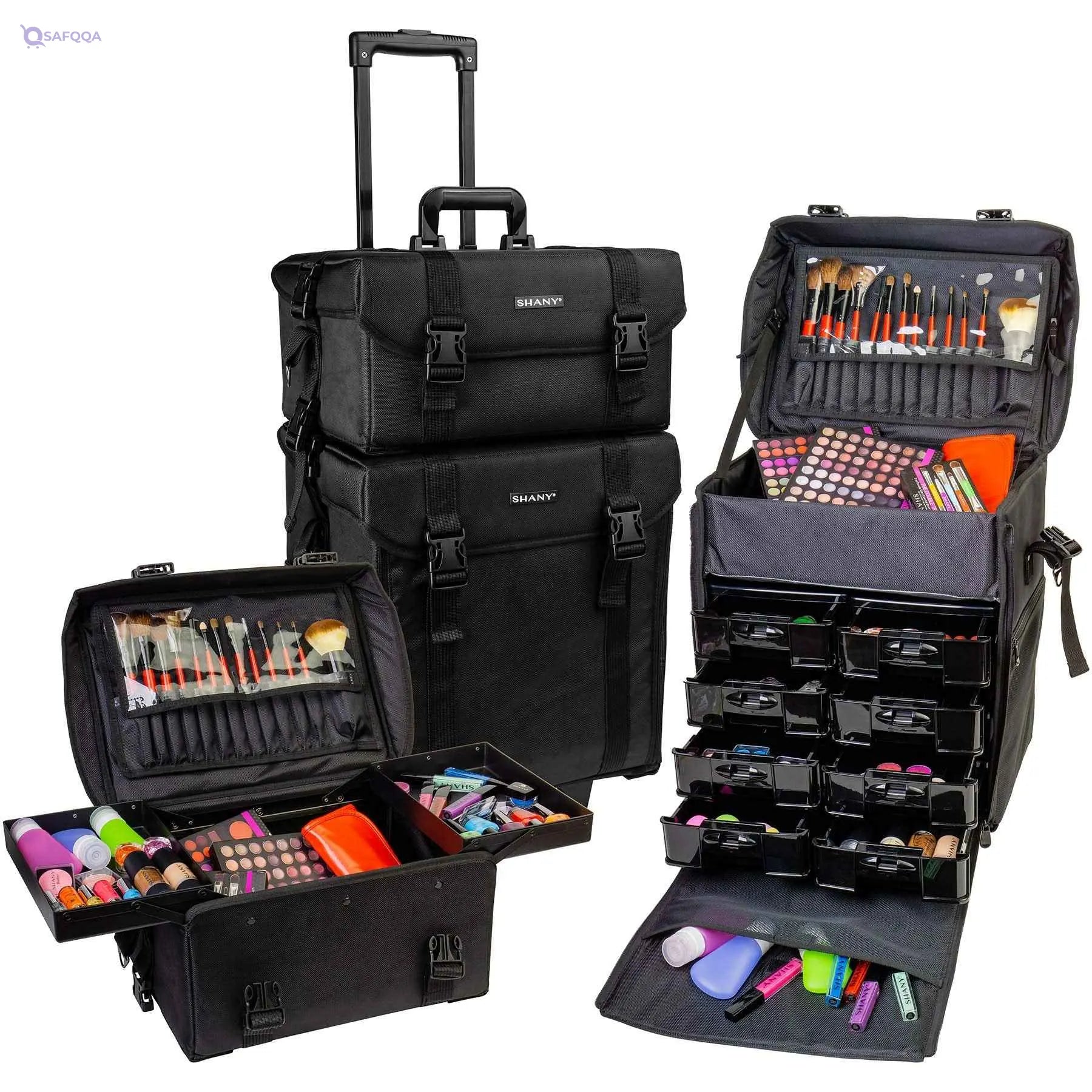 Shany Soft MakEUp Artist Rolling Trolley Cosmetic Case With Free Set Of Mesh Bags - Jet Black-Open Box - Safqqa
