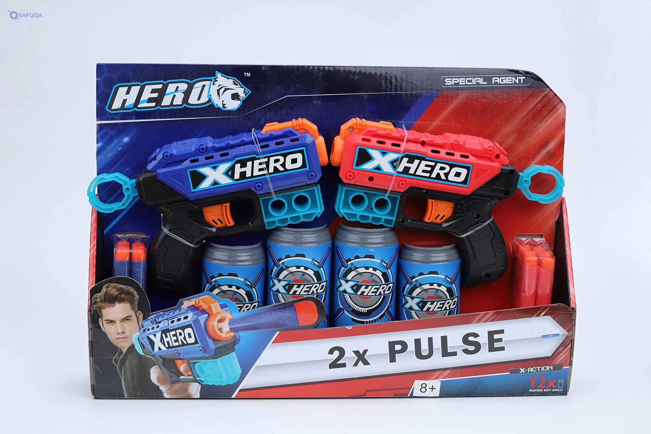 X hero gun - hero set -12 bullets, soft bullets +2 guns +4 x hero pump, red * blue - Safqqa