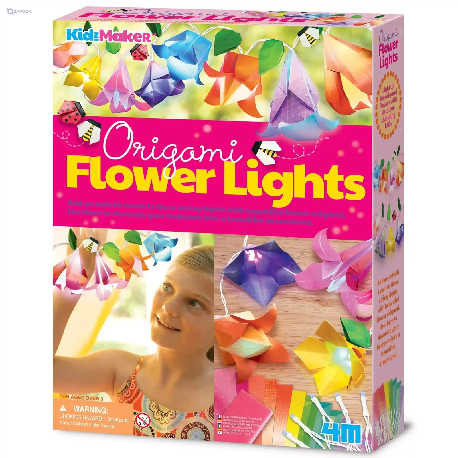 4M KidzMaker Origami Flower Lights Craft Kit – DIY Flower Paper Light String Art with 10 Color‑Changing LED Bulbs + 15 Origami Sheets, - Safqqa