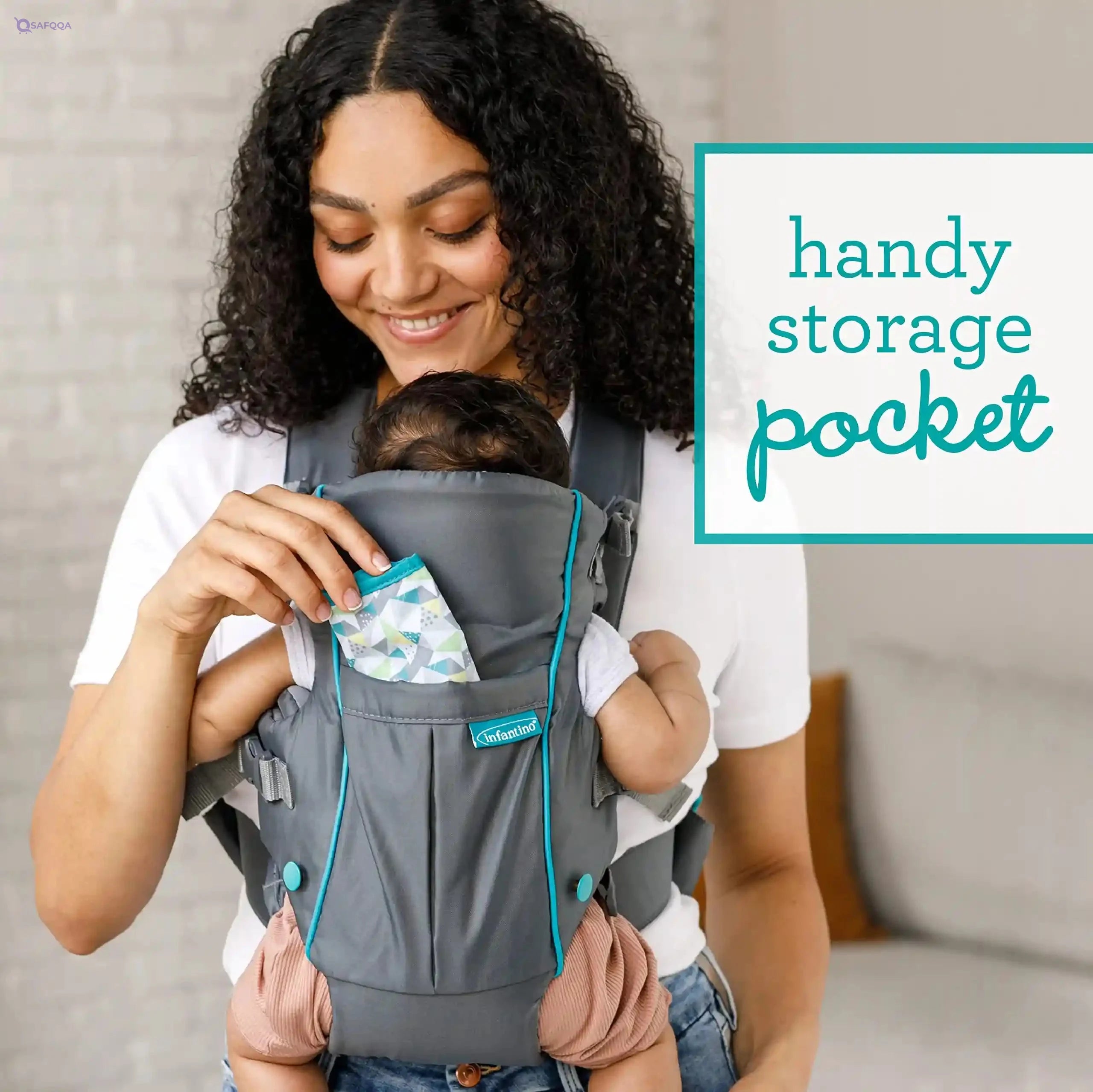 Infantino Classic Carrier with Pocket - 2 Ways to Carry Grey_Carrier with Wonder Bib & Essentials Storage Front Pocket, Adjustable Back Strap, Inward & Outward Facing, Easy Clean Material - Safqqa