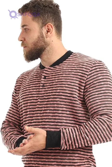 Offcliff Men’s Henley Striped Sweatshirt with Long Sleeves and Buttons - Safqqa