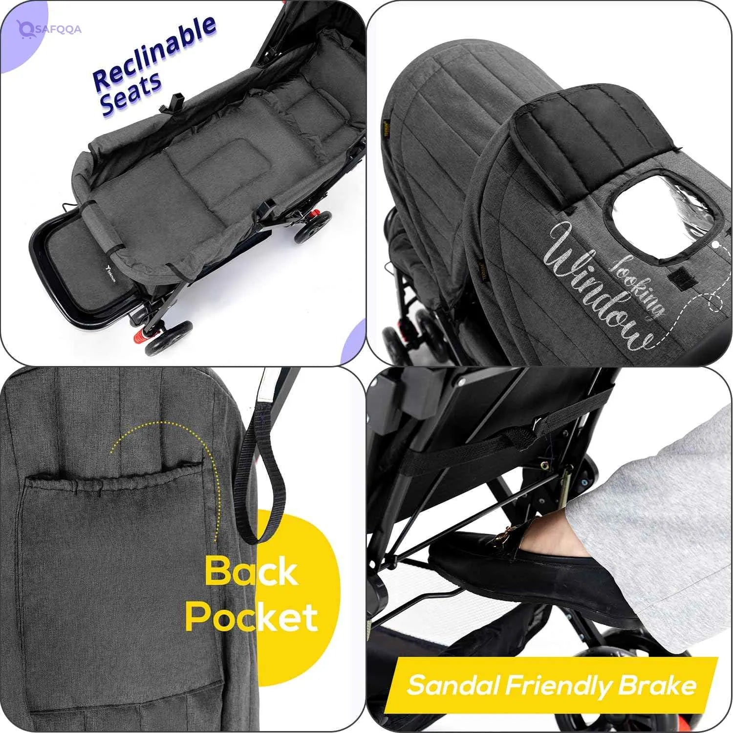 TEKNUM Double Baby Stroller Pram + Diaper Bag wt Stroller Hooks & Changing Mat + Pouch Wide Seat and Canopy Big Basket 5 Point Seat Belt Cushioned Seat (6-36 Months ) -Dark Grey - Safqqa