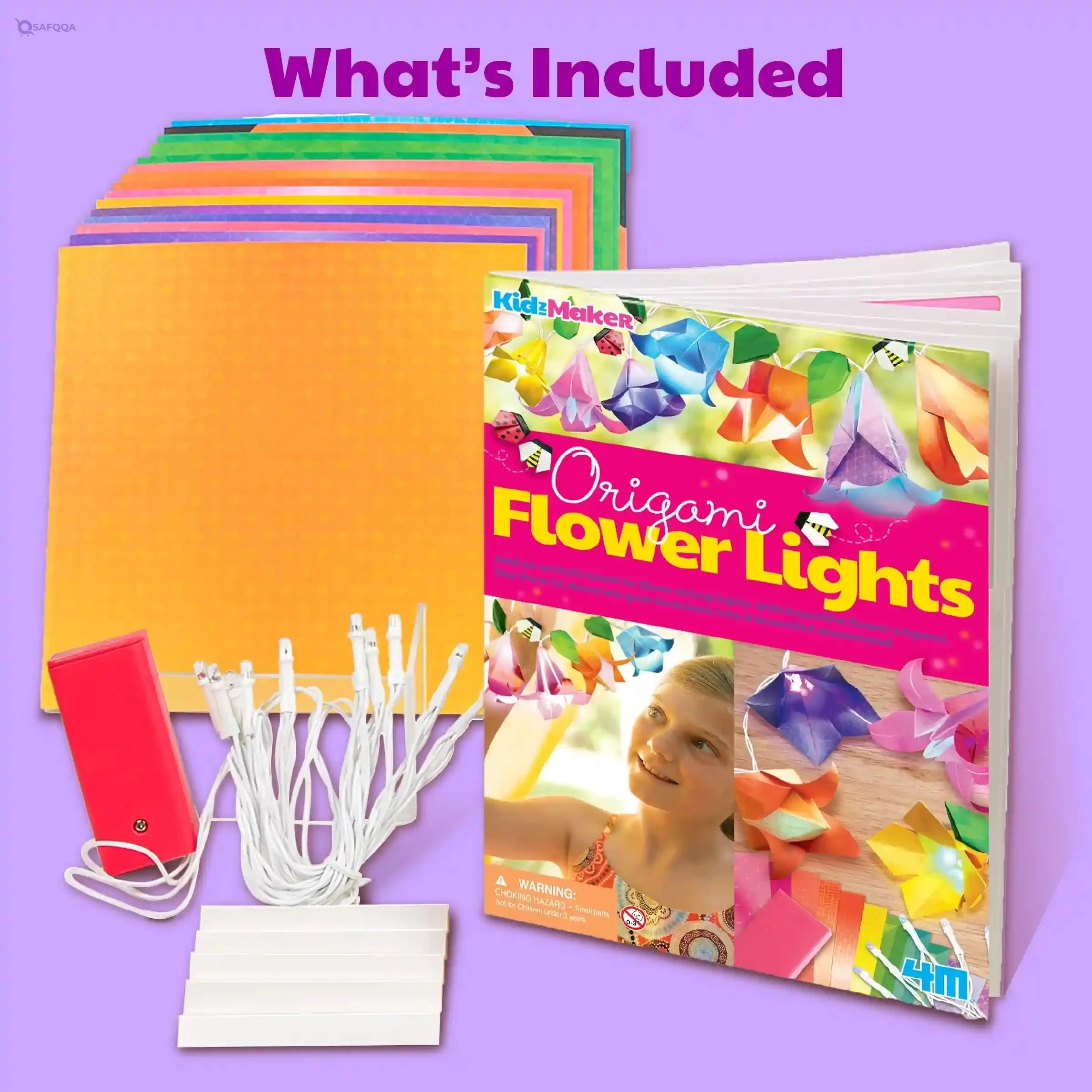 4M KidzMaker Origami Flower Lights Craft Kit – DIY Flower Paper Light String Art with 10 Color‑Changing LED Bulbs + 15 Origami Sheets, - Safqqa