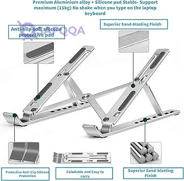 Adjustable Laptop Stand, Portable Aluminium Laptop Riser Laptop Holder for Desk, Foldable Ventilated Cooling Computer Support Stand for Apple MacBook Pro/Air, HP, Sony, Dell, More 10-15.6” - Safqqa