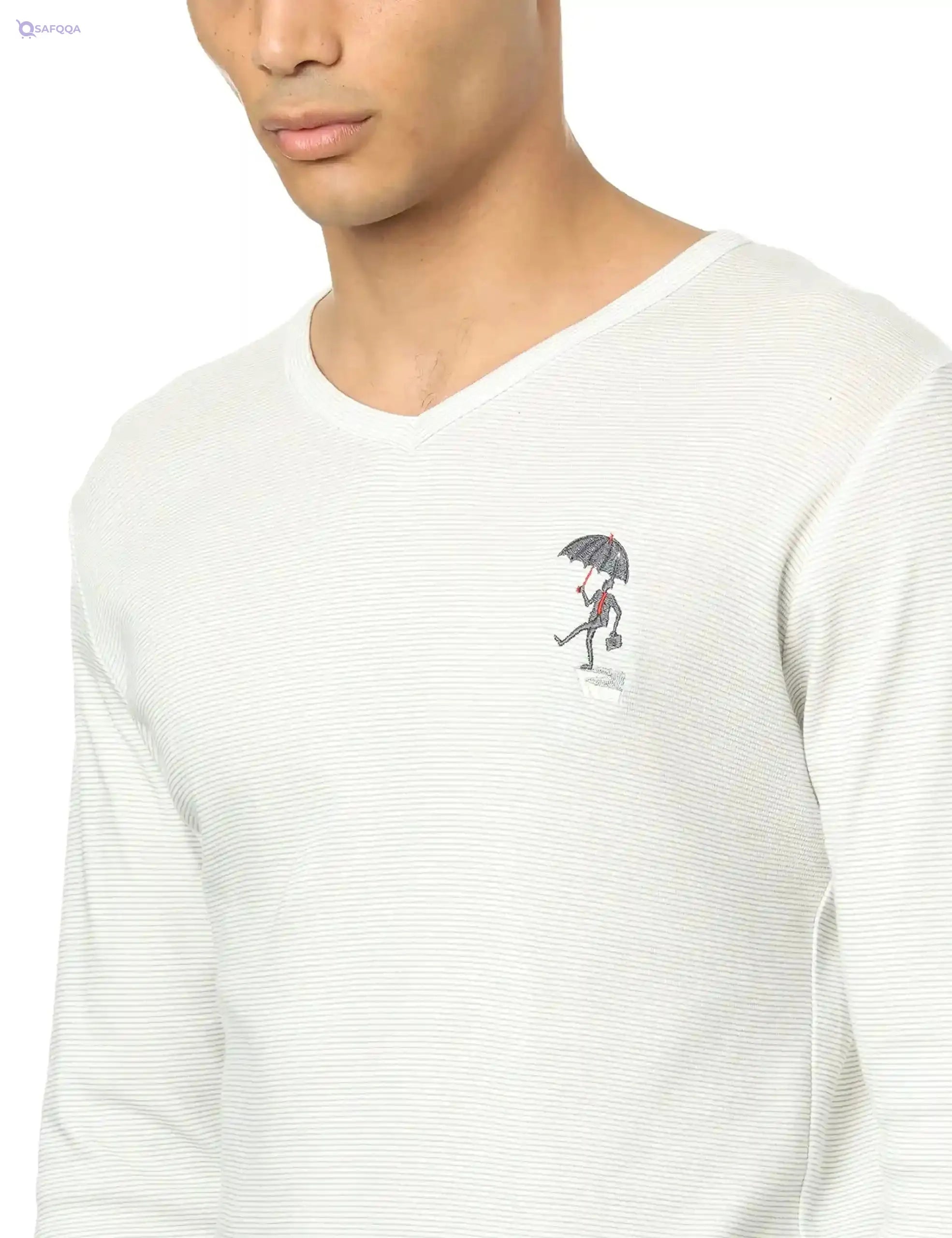 Off cliff Men’s Striped V-Neck Long Sleeve Top with Embroidery - Safqqa