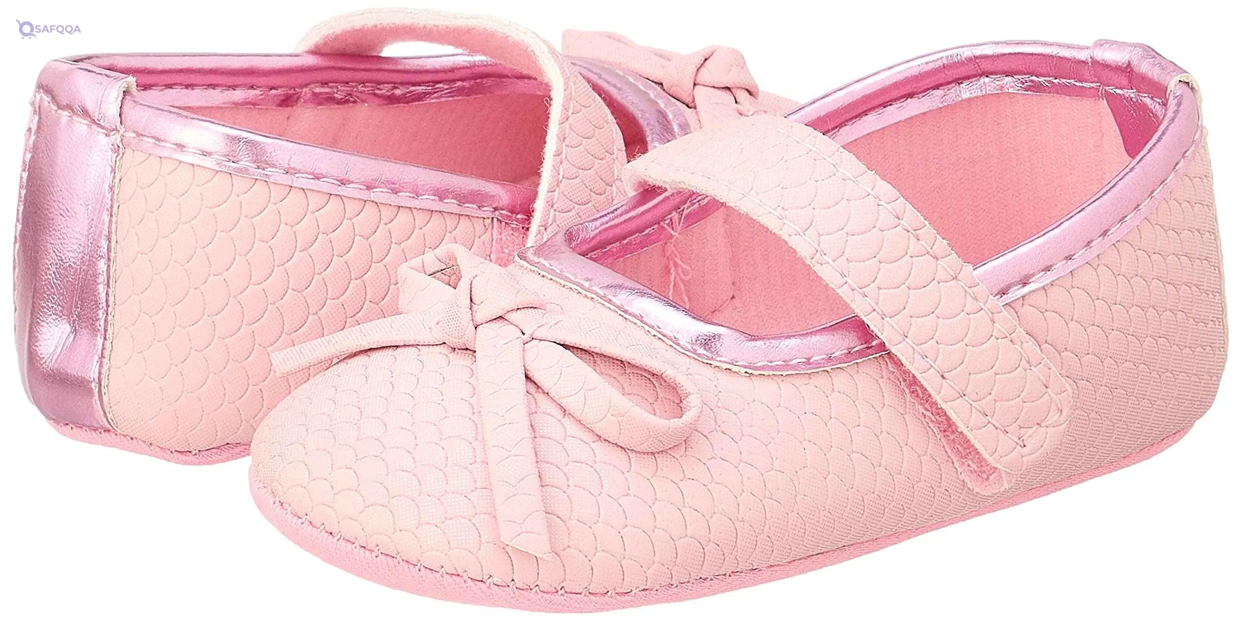 Mix & Max Embossed Pattern Front Bow Velcro Strap Shoes for Girls - 0 - 6 Months - Safqqa Egypt