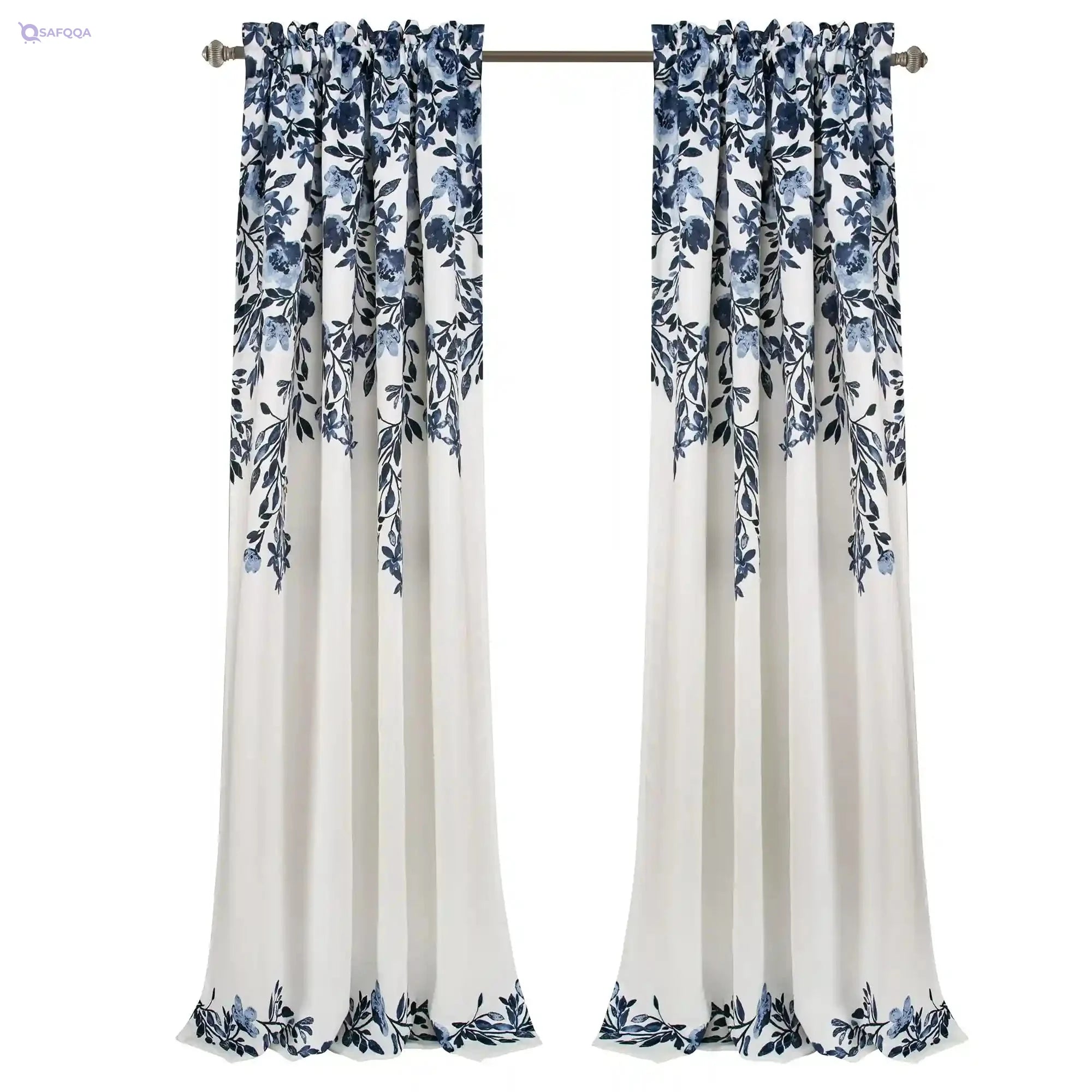 Lush Decor Navy and White Tanisha Curtains Room Darkening Floral Vine Print Design Window Panel Set (Pair), 95" x 52" - Safqqa