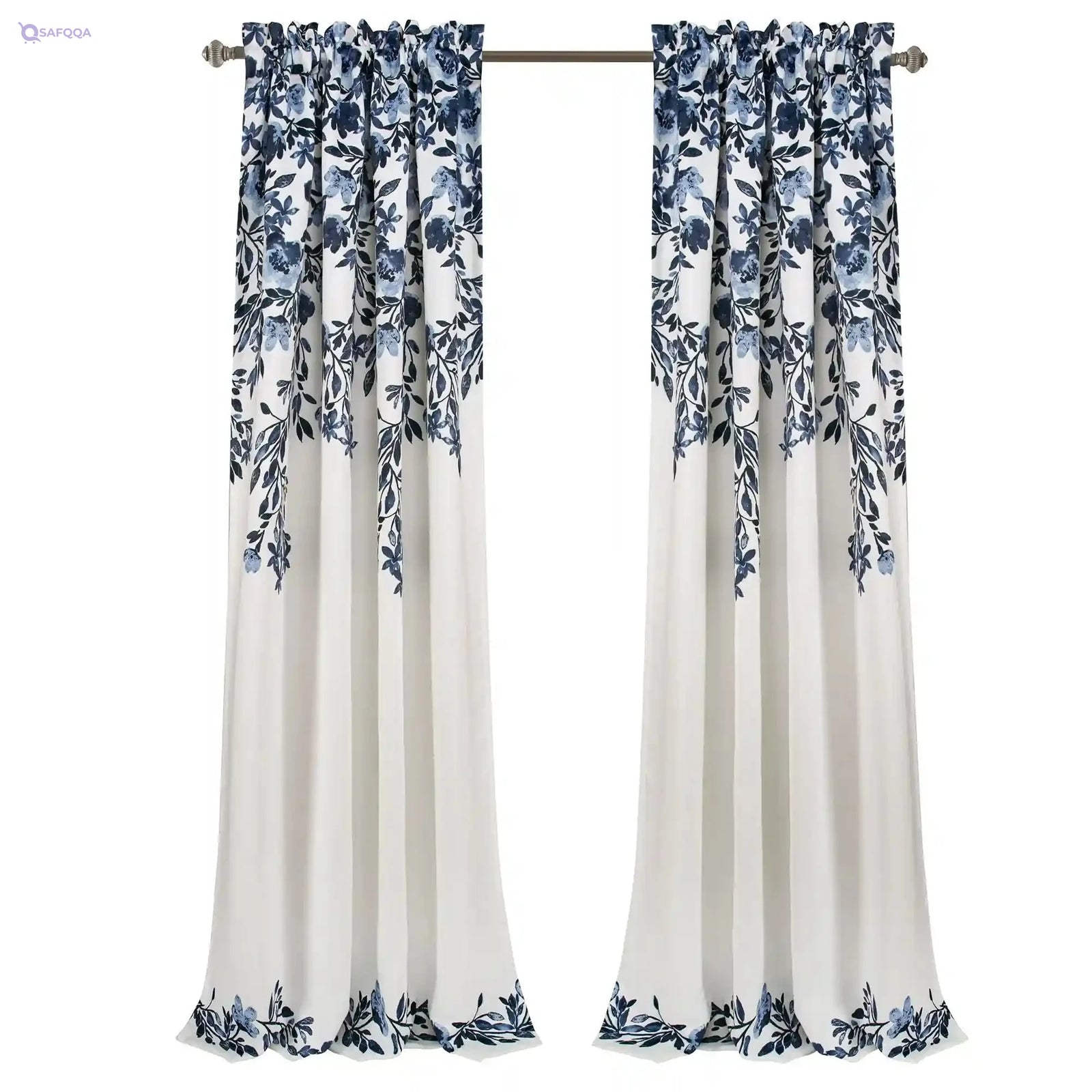 Lush Decor Navy and White Tanisha Curtains Room Darkening Floral Vine Print Design Window Panel Set (Pair), 95