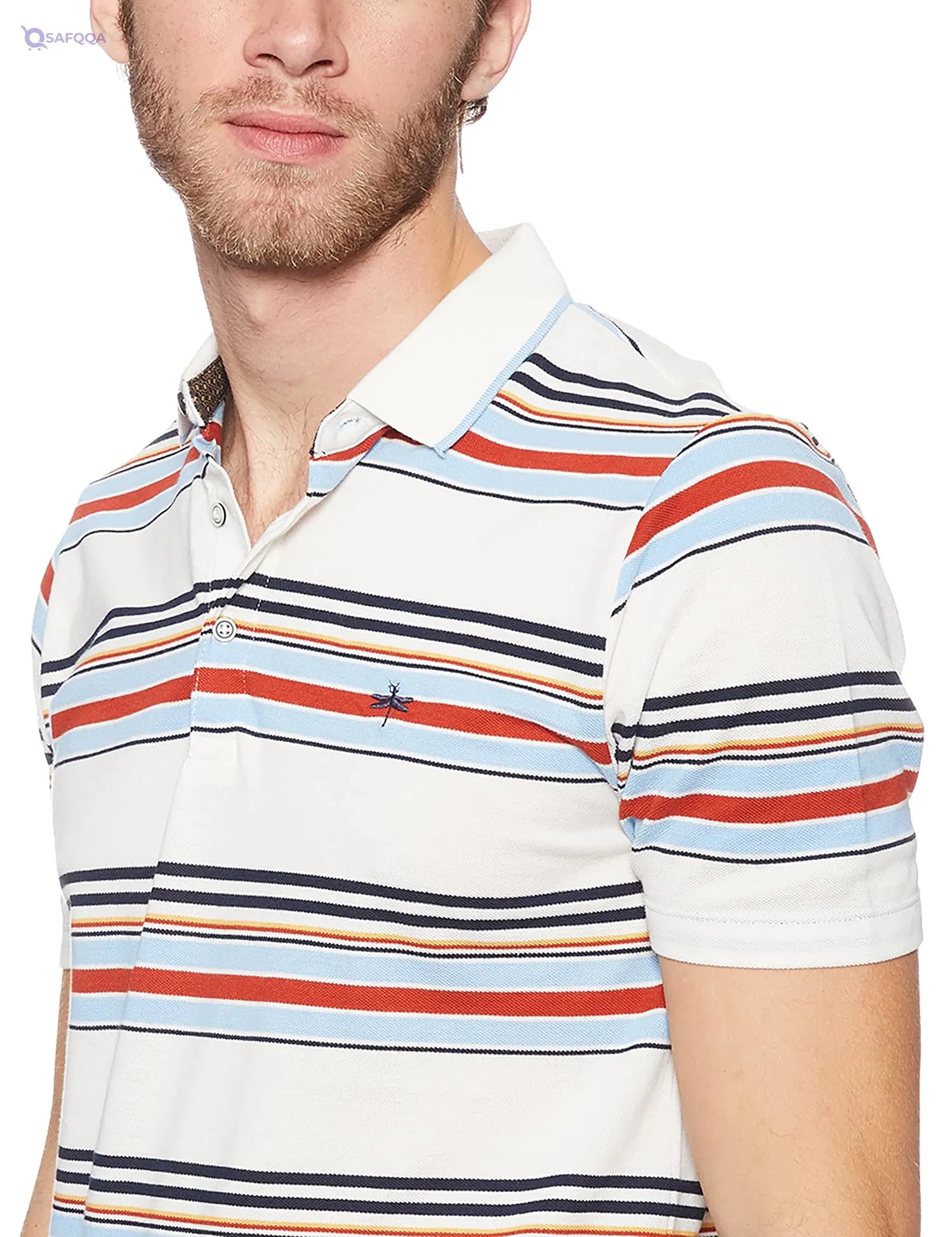 Matalan Cotton Embroidered Dragonfly Short Sleeves Striped Polo Shirt for Men - Safqqa