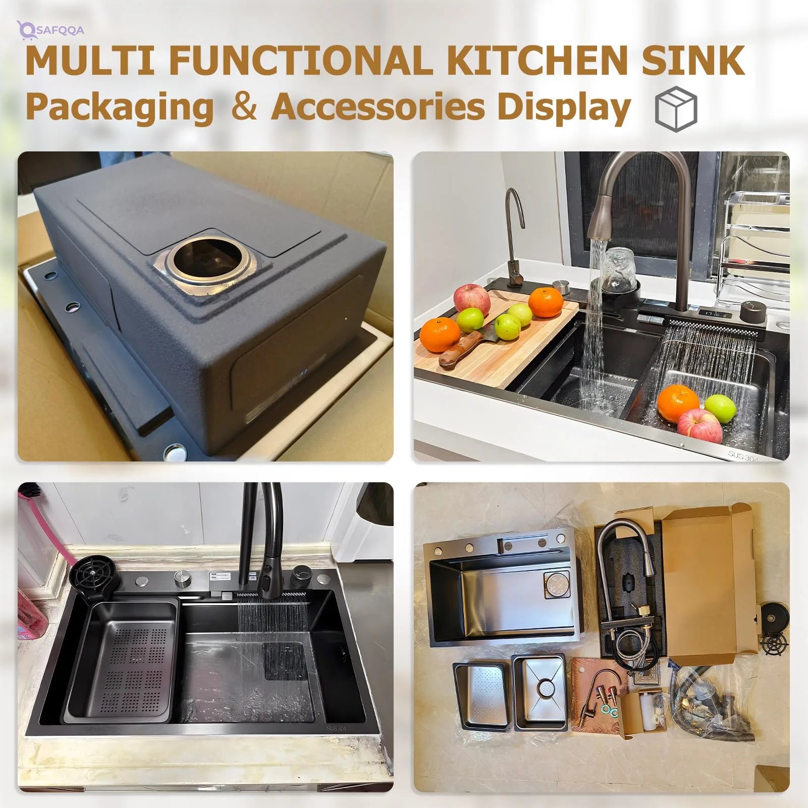 Intelligence Waterfall Single Bowl Kitchen Sink – 304 Stainless Steel, Workstation - Safqqa