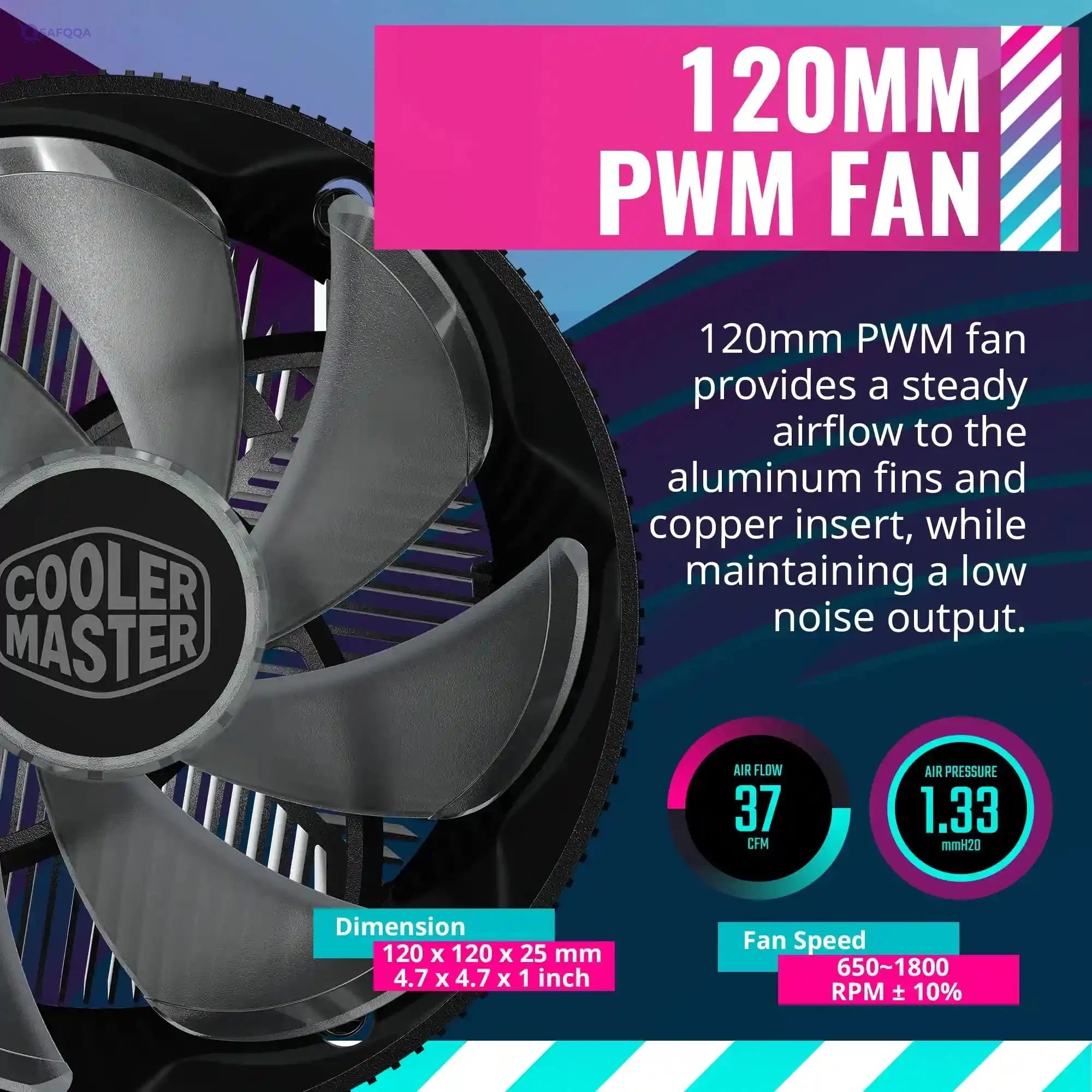 Cooler Master i71C RGB Intel Low Profile CPU Air Cooler, Anodized Black Aluminum Fins, Copper Insert Base, MF120 RGB 4 Pin Lighting Fan for Intel LGA1151, RR-I71C-20PC-R1, Copper Base - Safqqa
