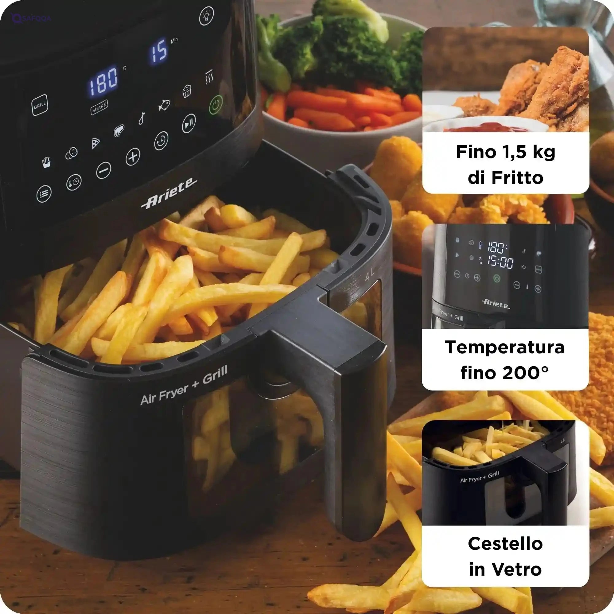 Ariete 4633 hot air fryer, 1400 W, 4L capacity, 9 programs, shake and grill function, temperature up to 200°C, black - Safqqa