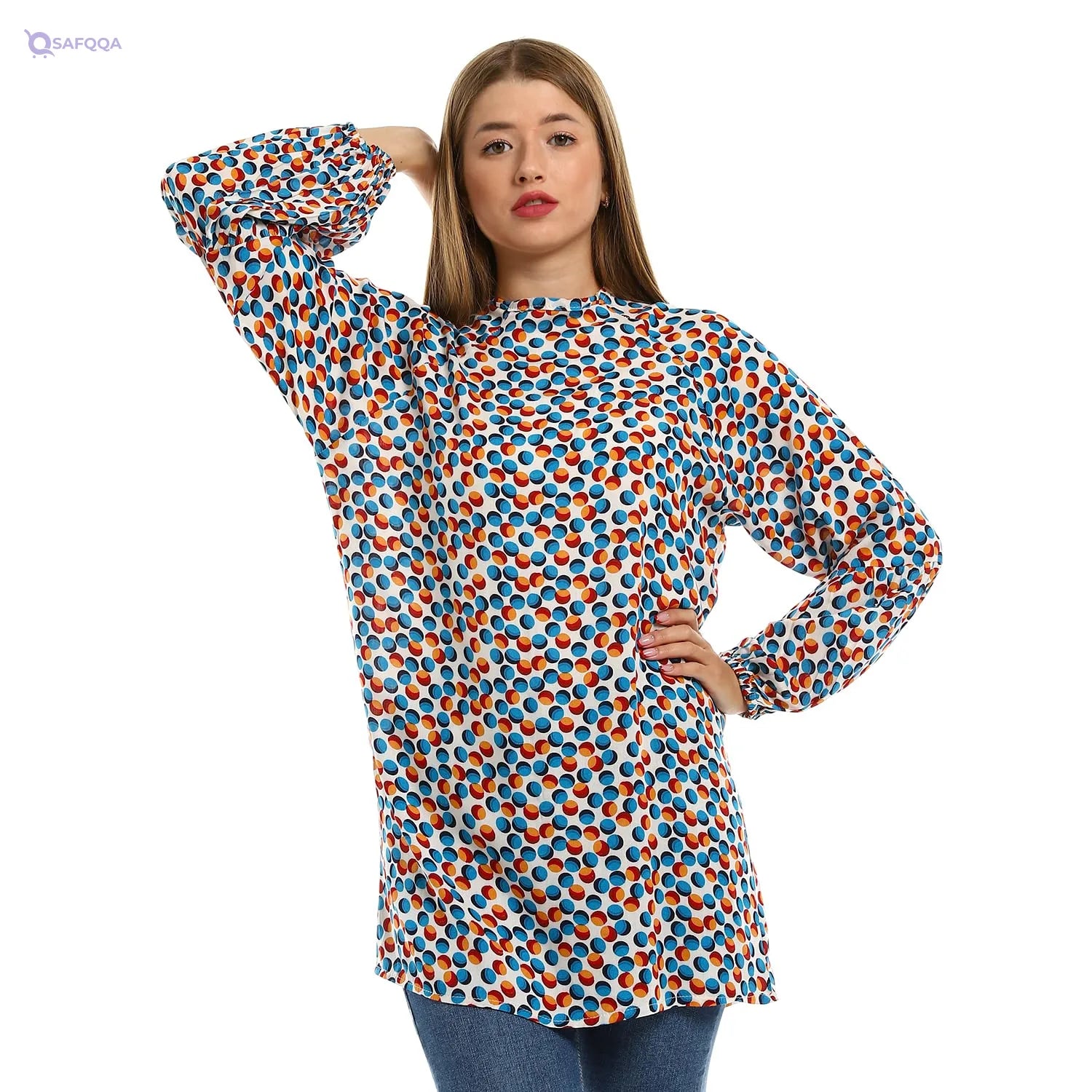 Andora Balloon Sleeves Dotted Blouse For Women,Classic round neckline for versatile styling. - Safqqa