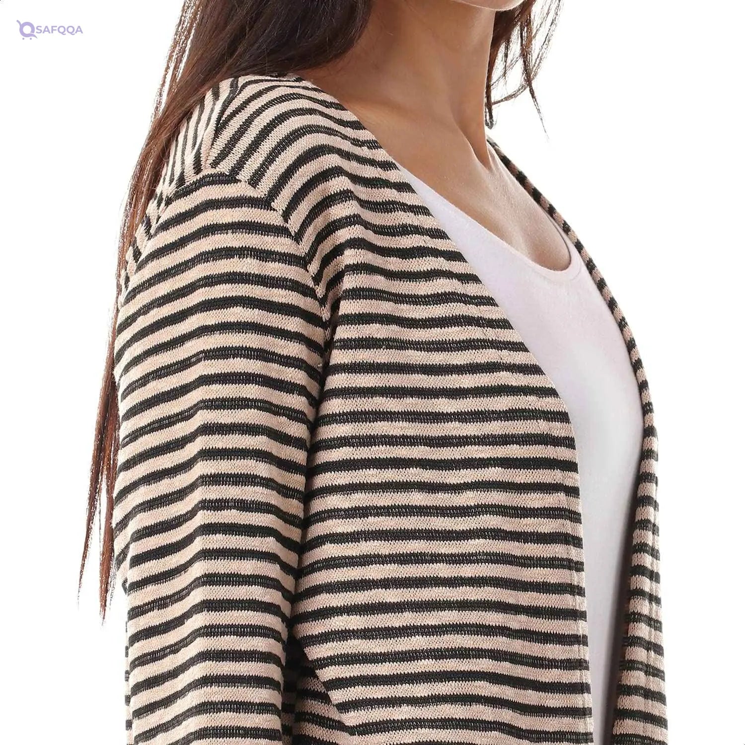Jamila Women Hairline Stripes Front Pockets Long Sleeves Open Cotton Cardigan - Safqqa Egypt