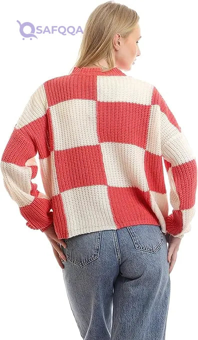 Ravin Women's Bi-Tone Knitted Mock Neck Pullover - Off White & Coral (96991) - Safqqa