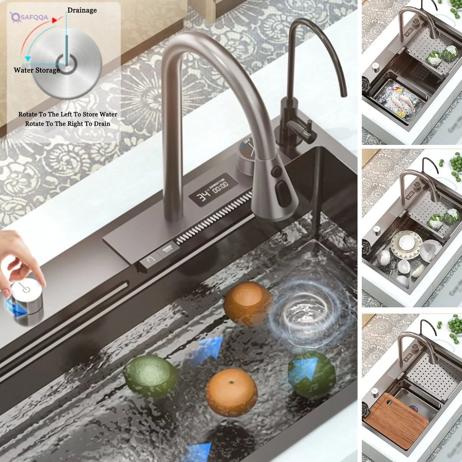 Intelligence Waterfall Single Bowl Kitchen Sink – 304 Stainless Steel, Workstation - Safqqa