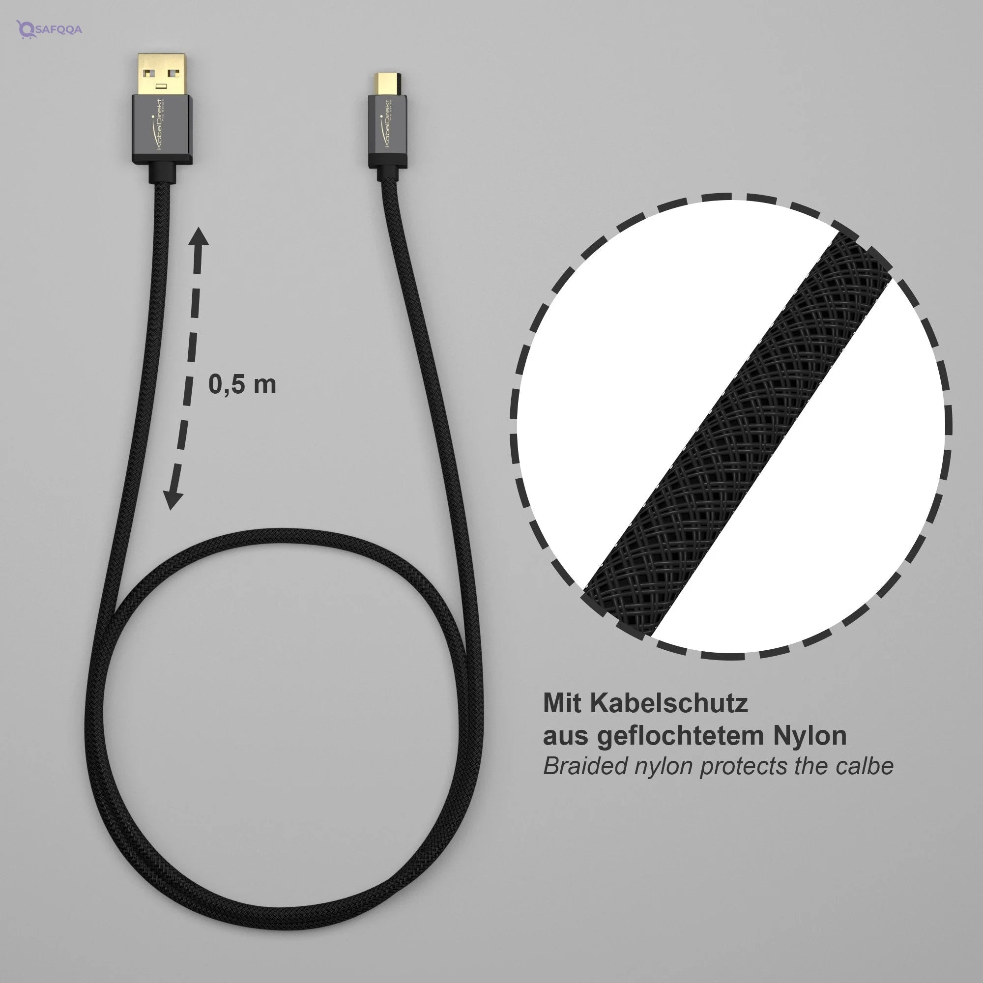KabelDirekt 853 0.5m Micro USB Cable (USB 2.0, Sync & Charge Cable, Nylon) PRO Series - Pack of 3 - Black - Safqqa