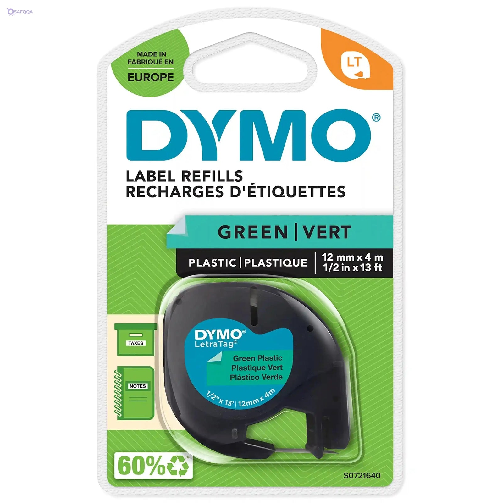 DYMO  Plastic Labels | Authentic | 12 mm x 4 m Roll | Black Print on Green Labels | Self-Adhesive Multipurpose Labels for Label Makers - Safqqa