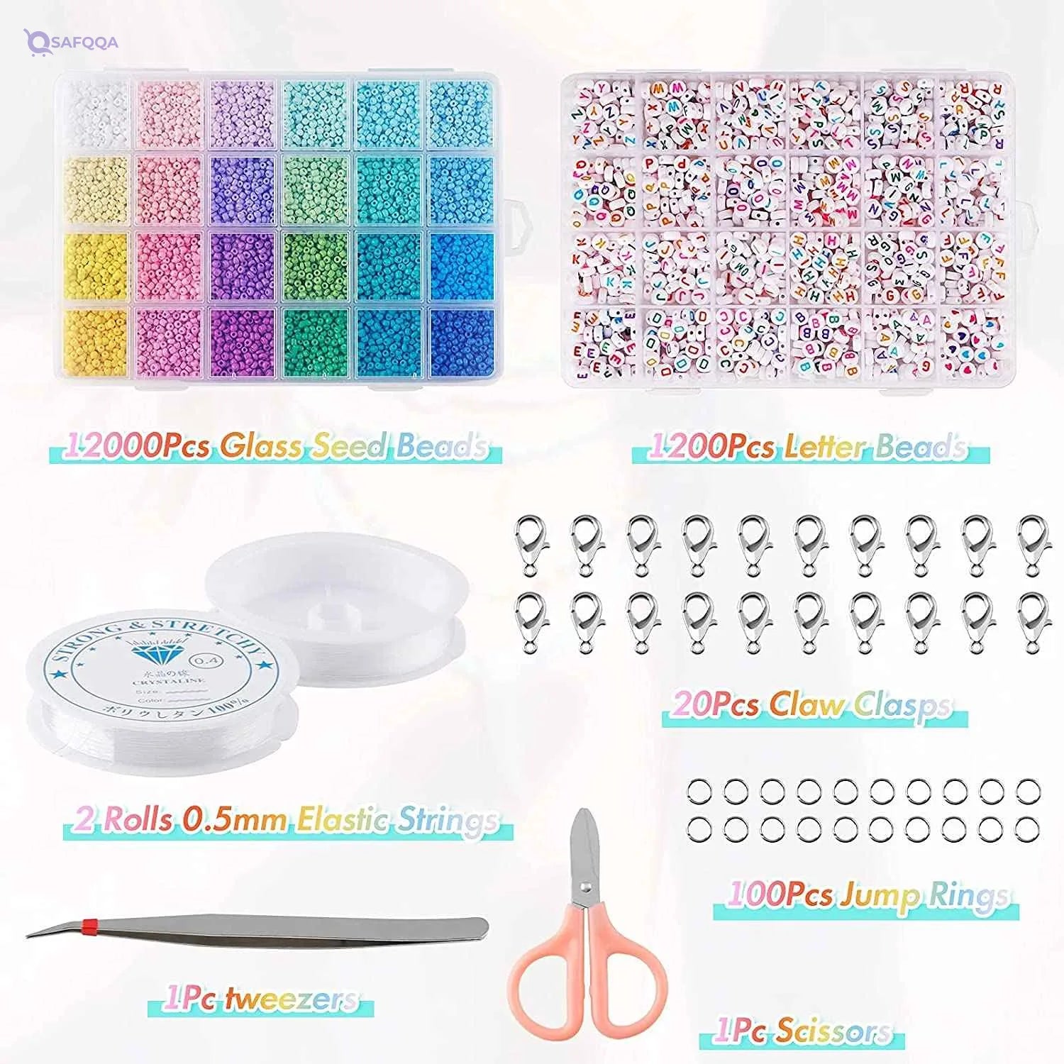 Tiokkss 12,000 Pcs Glass Seed Beads & 1,200 Pcs Alphabet Letter Beads Set – DIY Jewelry Making Kit - Safqqa