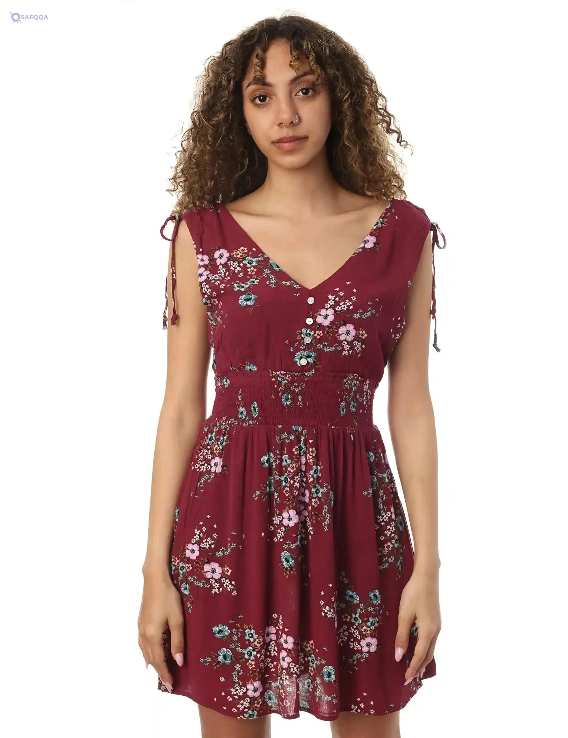 Aeropostale Women’s Floral V-Neck Smocked Fit & Flare Dress – Elegant & Breezy Style - Safqqa