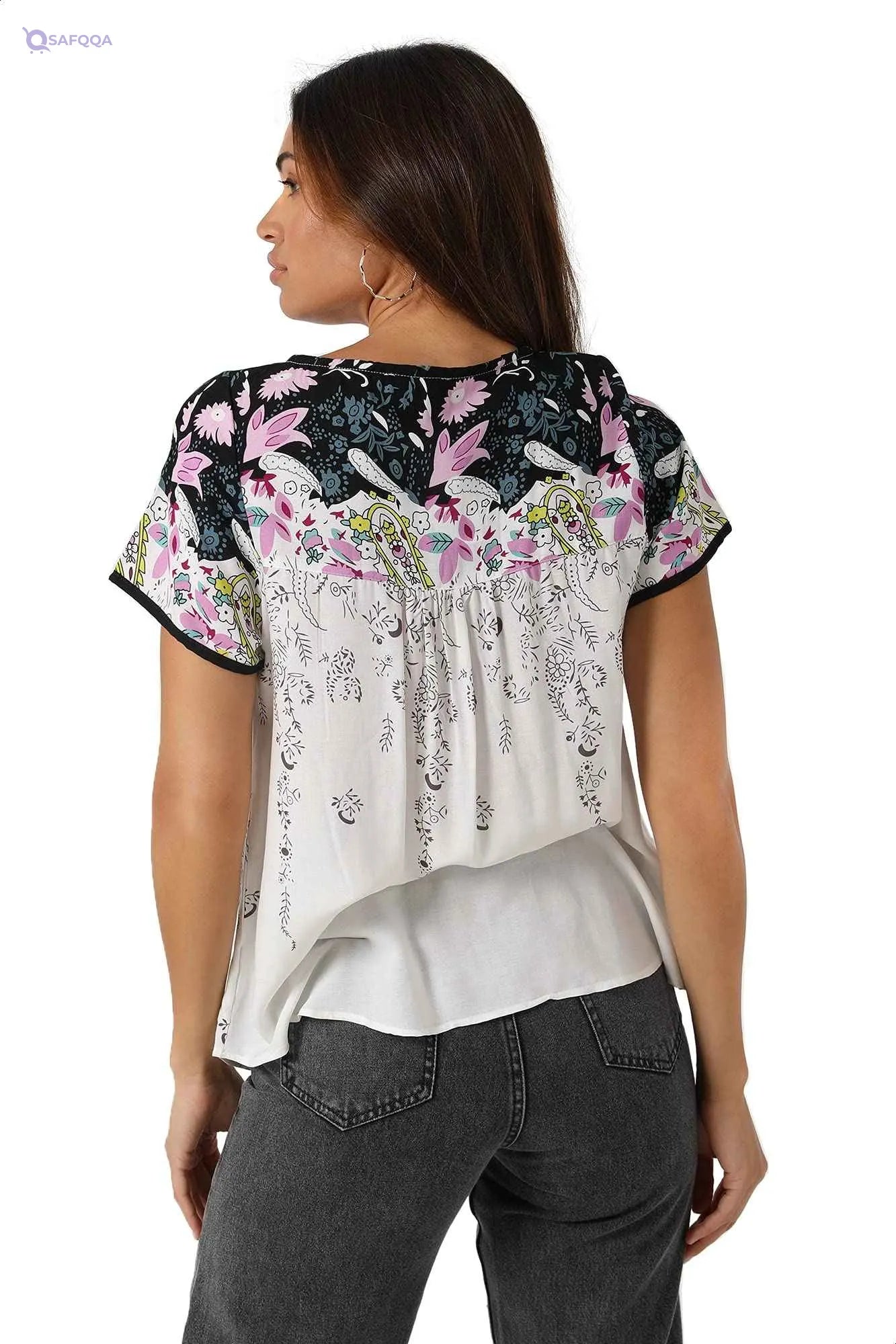 Jamila Floral Pattern Front Buttons Loose-Fit Blouse For Women M - Safqqa Egypt