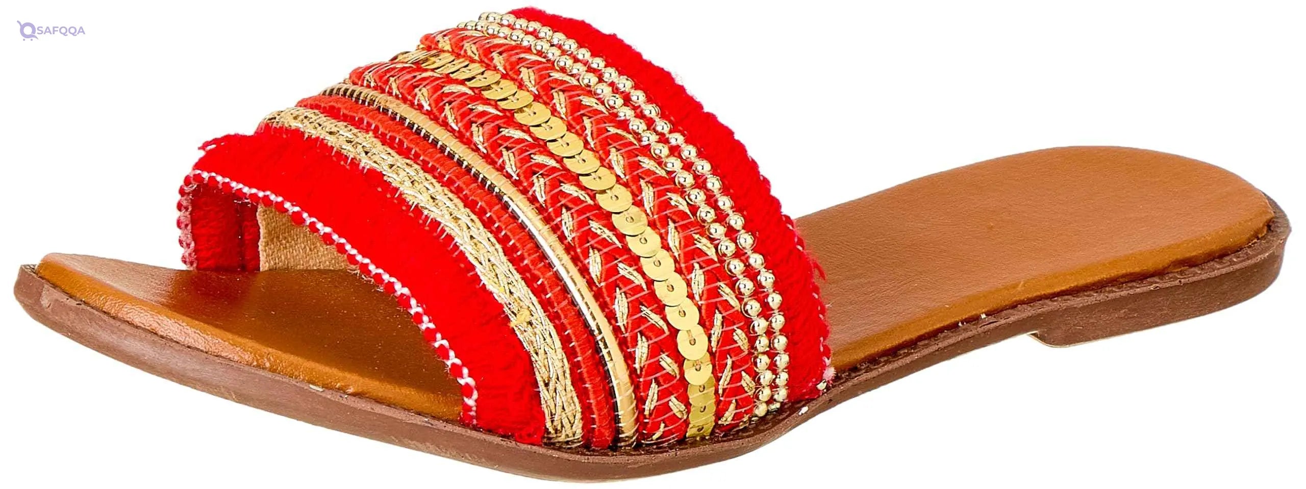 Sway 1 CM Flat Slippers with Lace Fabric and Arabesque Embroidered Strap - Safqqa Egypt