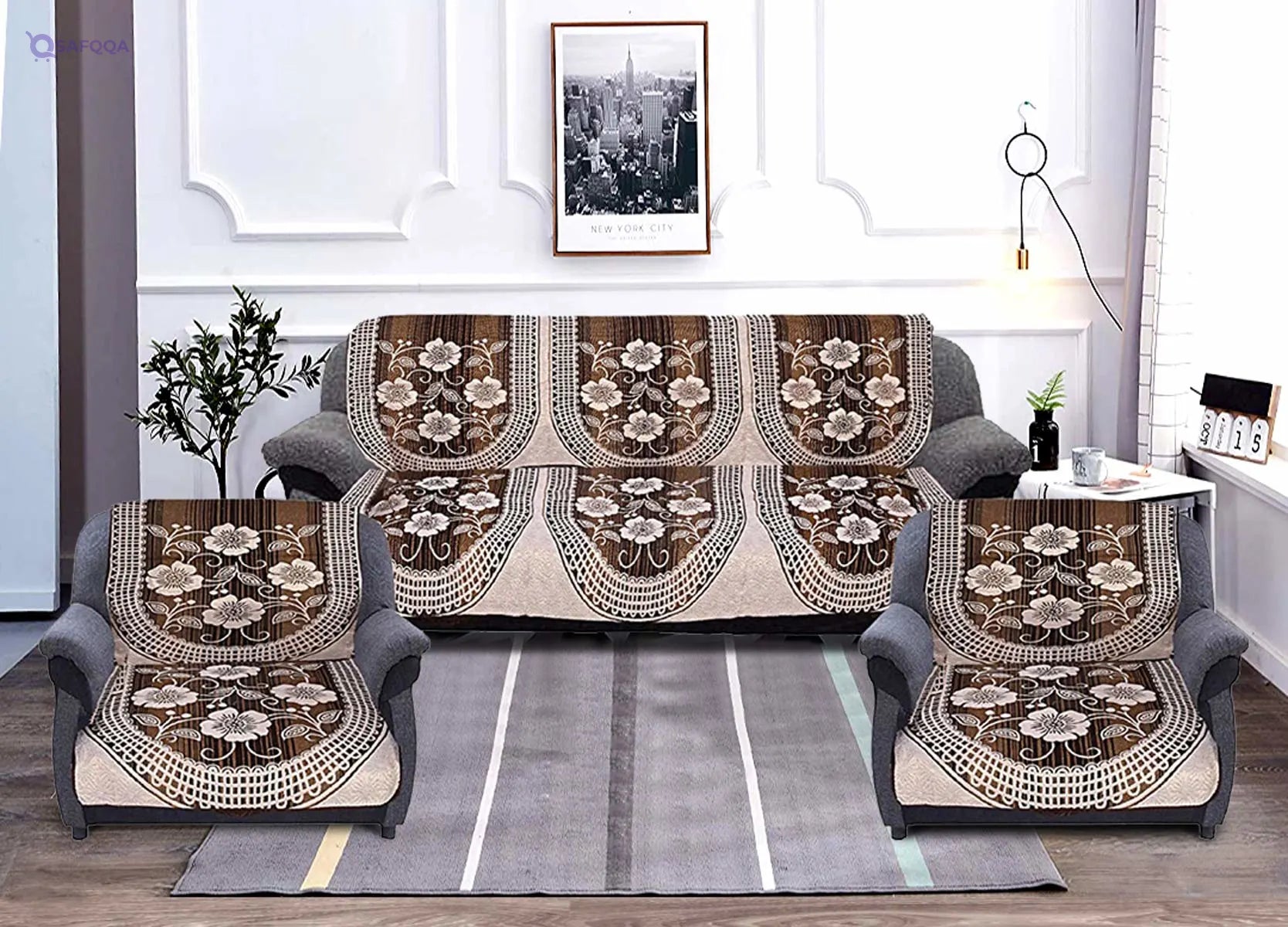 Fun Homes Flower Print 6 Piece Cotton 5 Seater Sofa Cover Use Both Side,Living Room,Drawing Room,Bedroom,Guest Room - Brown - Safqqa