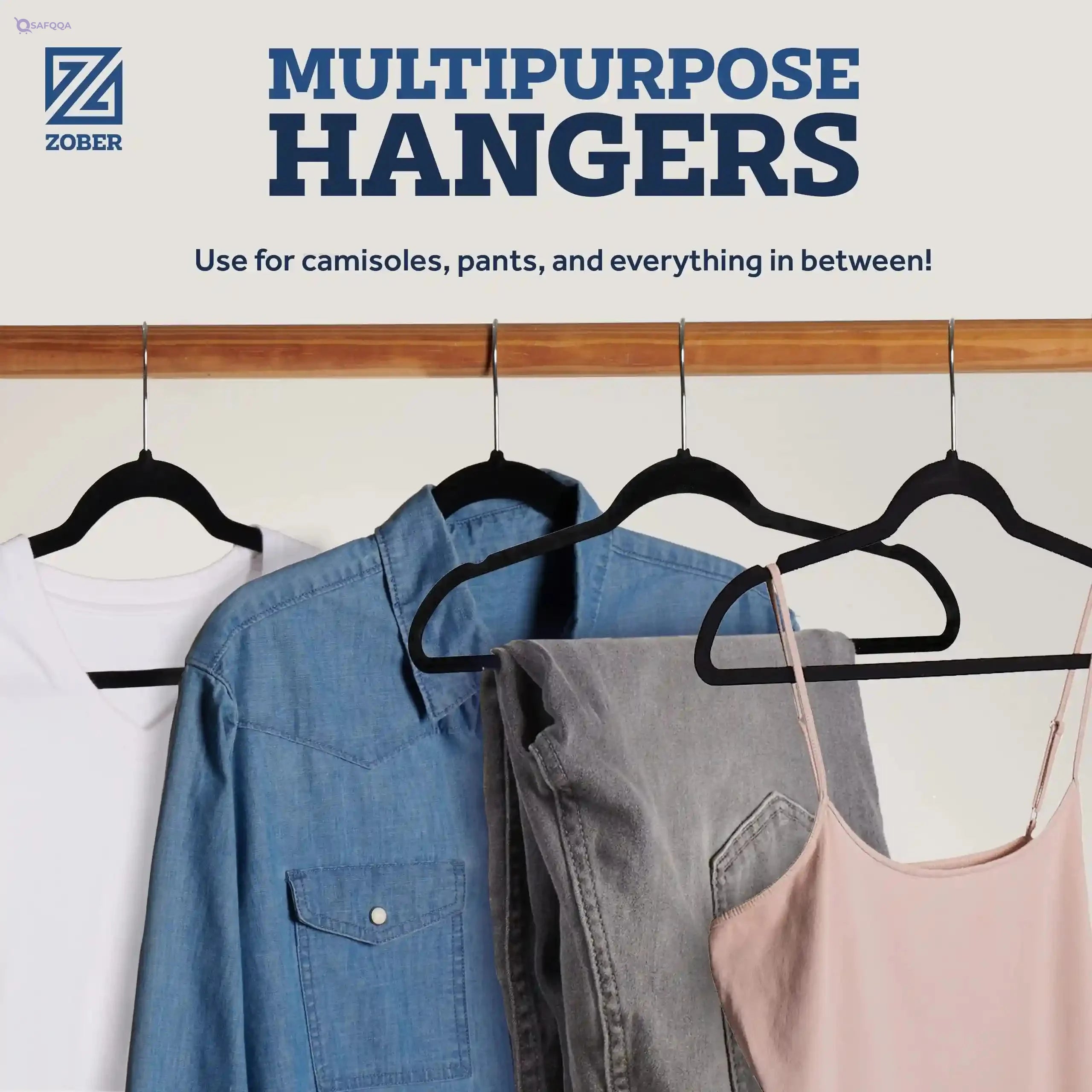 Zober Velvet Hangers 50 Pack - Black for Coats, Pants & Dress Clothes - Non Slip w/ 360 Degree Swivel, Holds up to 10 lbs - Strong Felt Hangers for Clothing - Safqqa