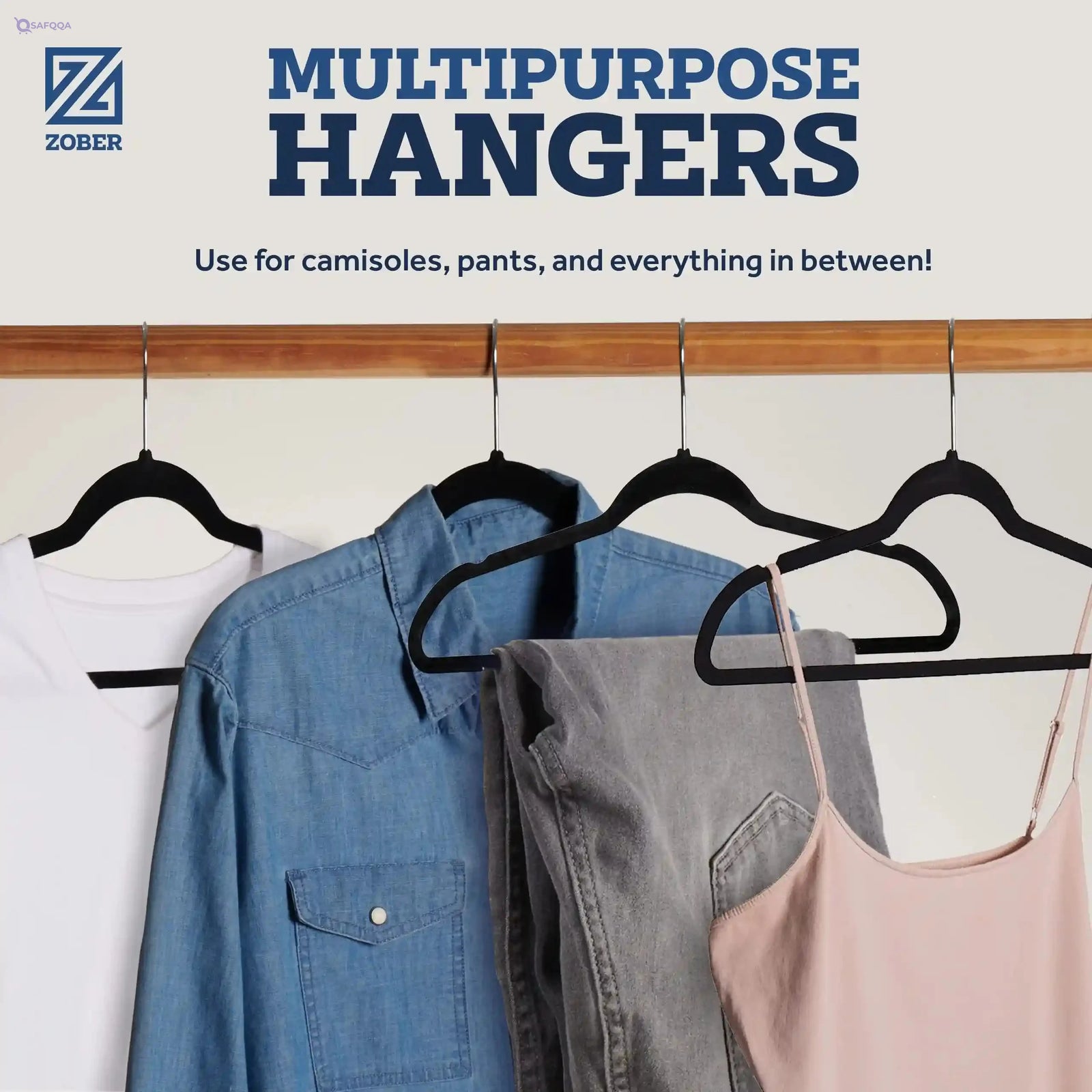 Zober Velvet Hangers 50 Pack - Black for Coats, Pants & Dress Clothes - Non Slip w/ 360 Degree Swivel, Holds up to 10 lbs - Strong Felt Hangers for Clothing - Safqqa