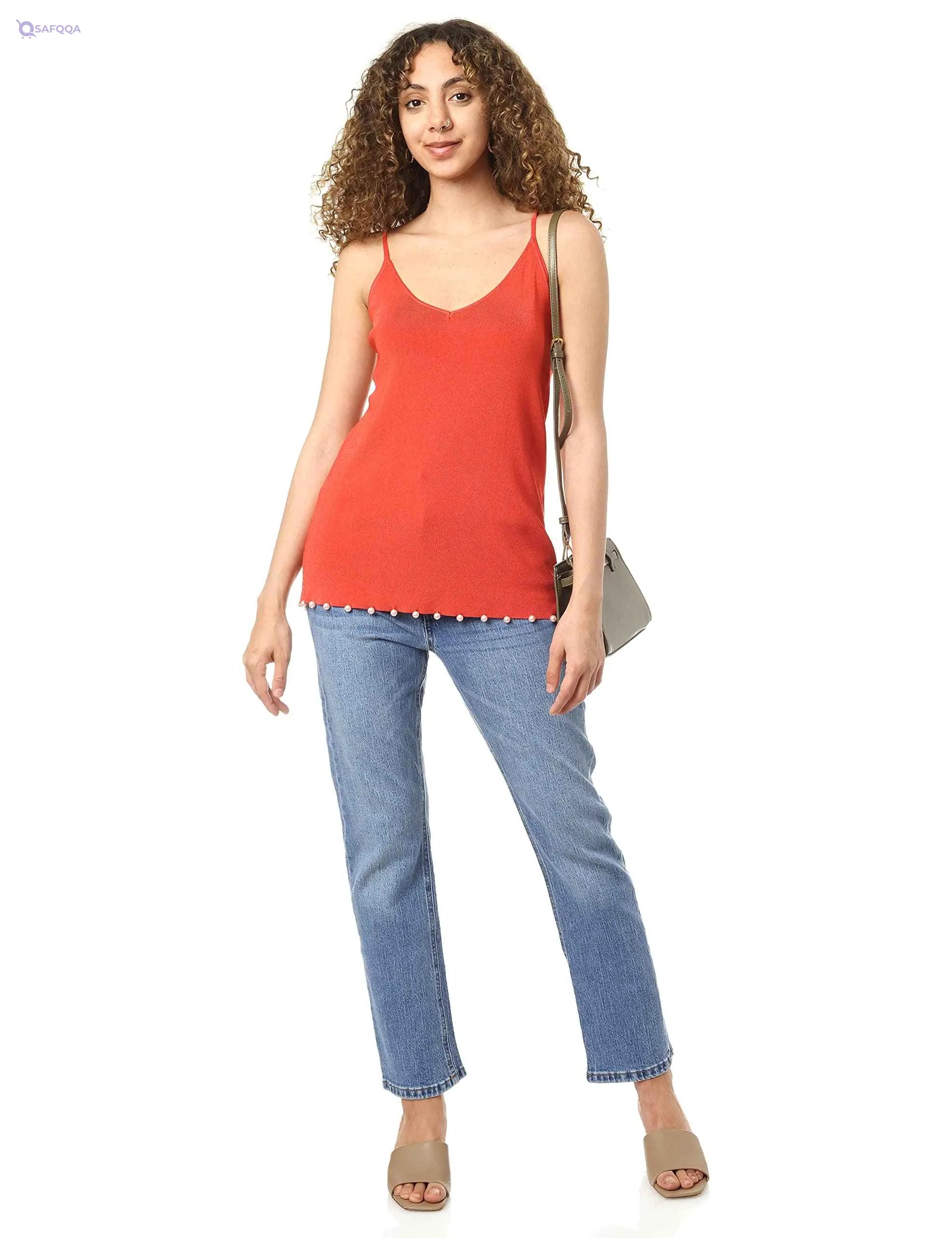 Splash Solid V-Neck Spaghetti Straps Pearl Embellished Hem Top for Women - Safqqa Egypt